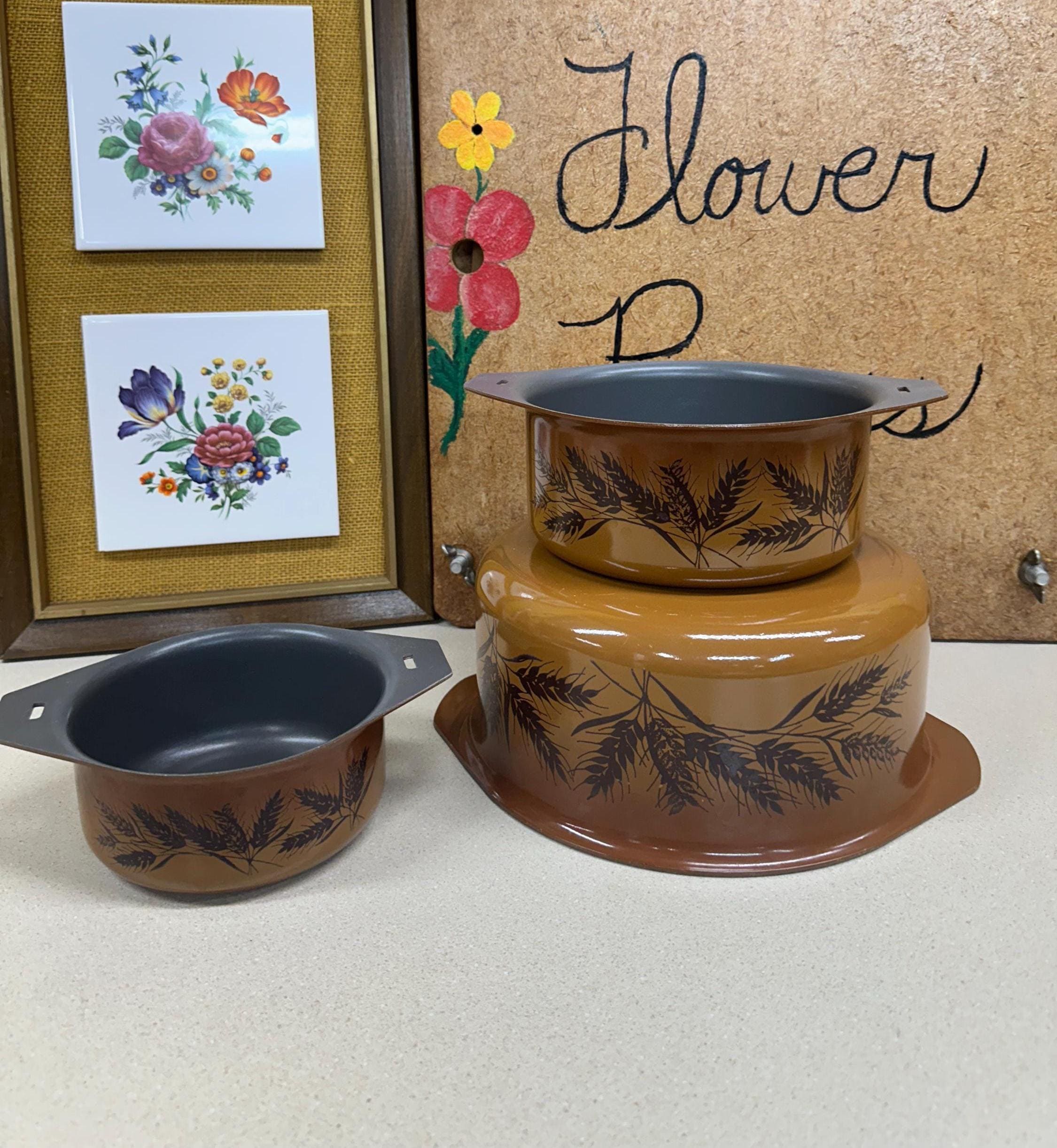 Vintage Wheat Enamel Nonstick Pots Cooking Pan Retro Kitchen Decor: Multiware Set of 3