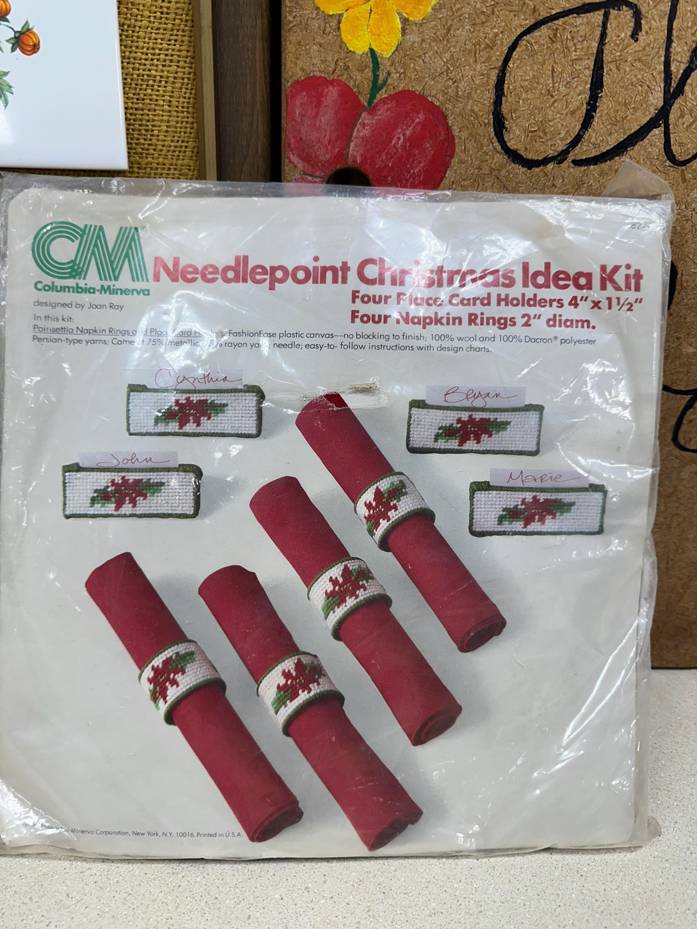 Vintage Needlepoint Crewel Christmas Kit: Napkin Rings & Place Cards - Made in USA