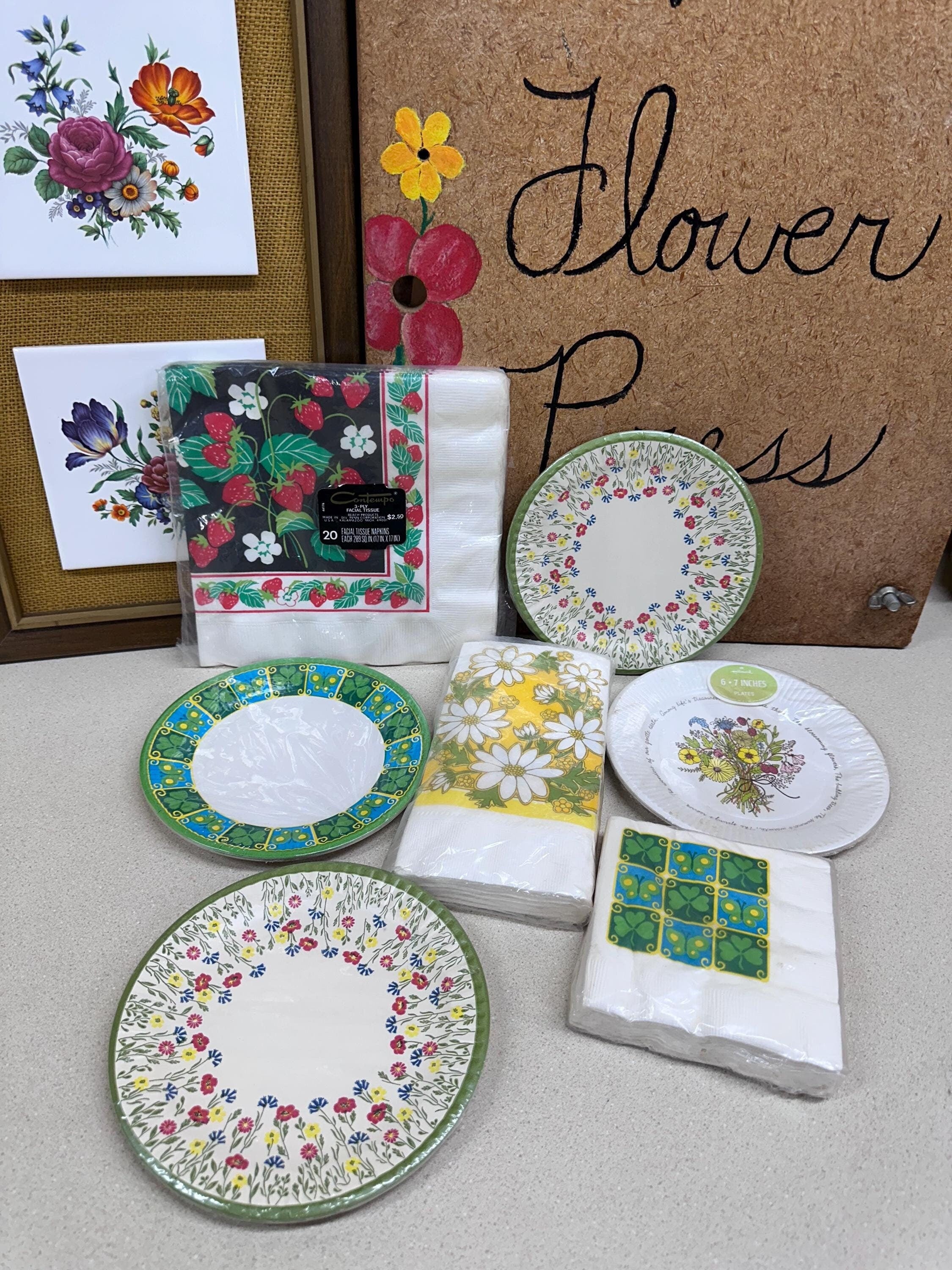Vintage Flower Power Paper Plates & Napkins: Retro Party Decor - Set of 7