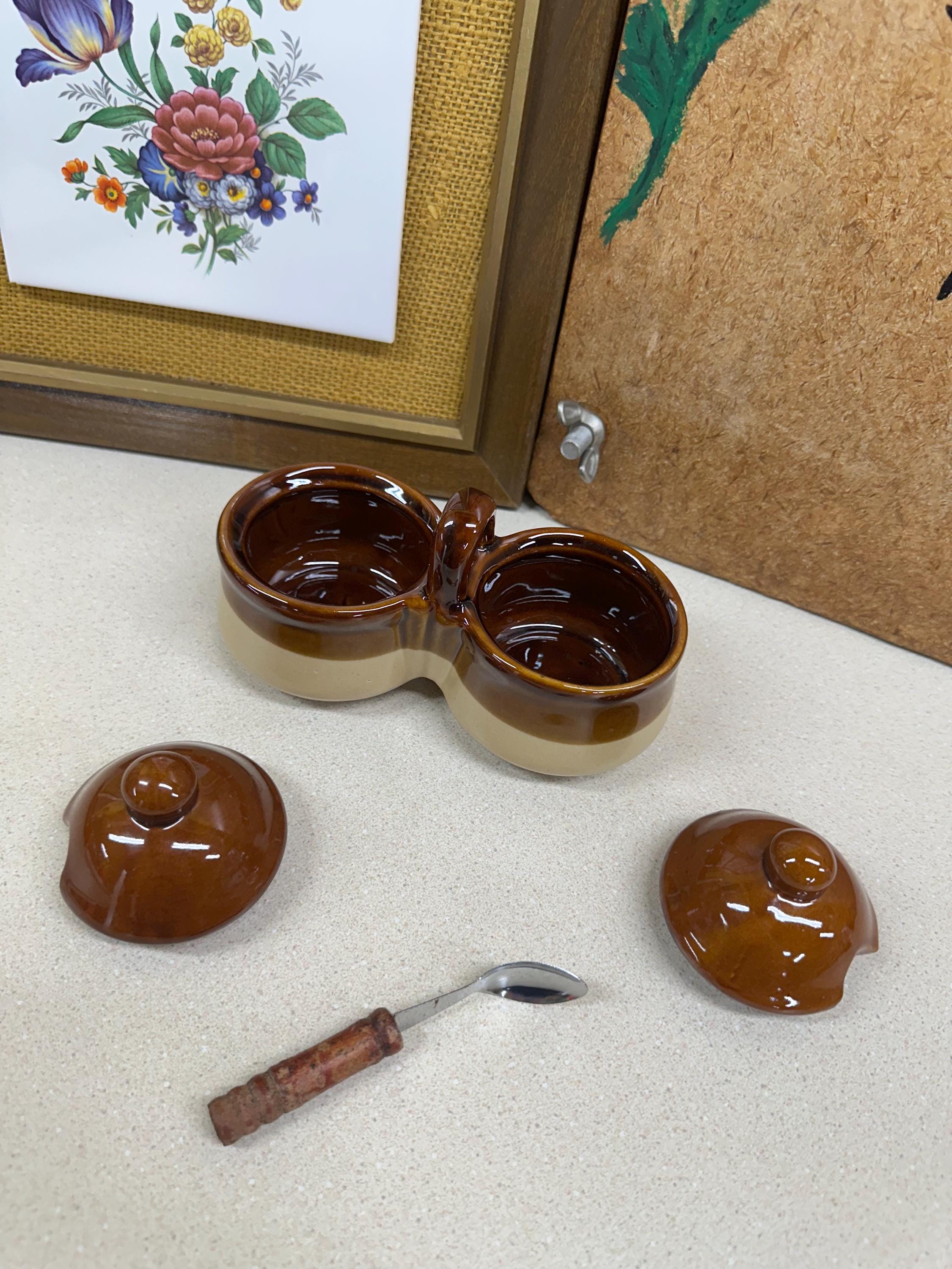 Vintage Sugar Bowls: Serving Dish Wood Spoon, Trinket Holder