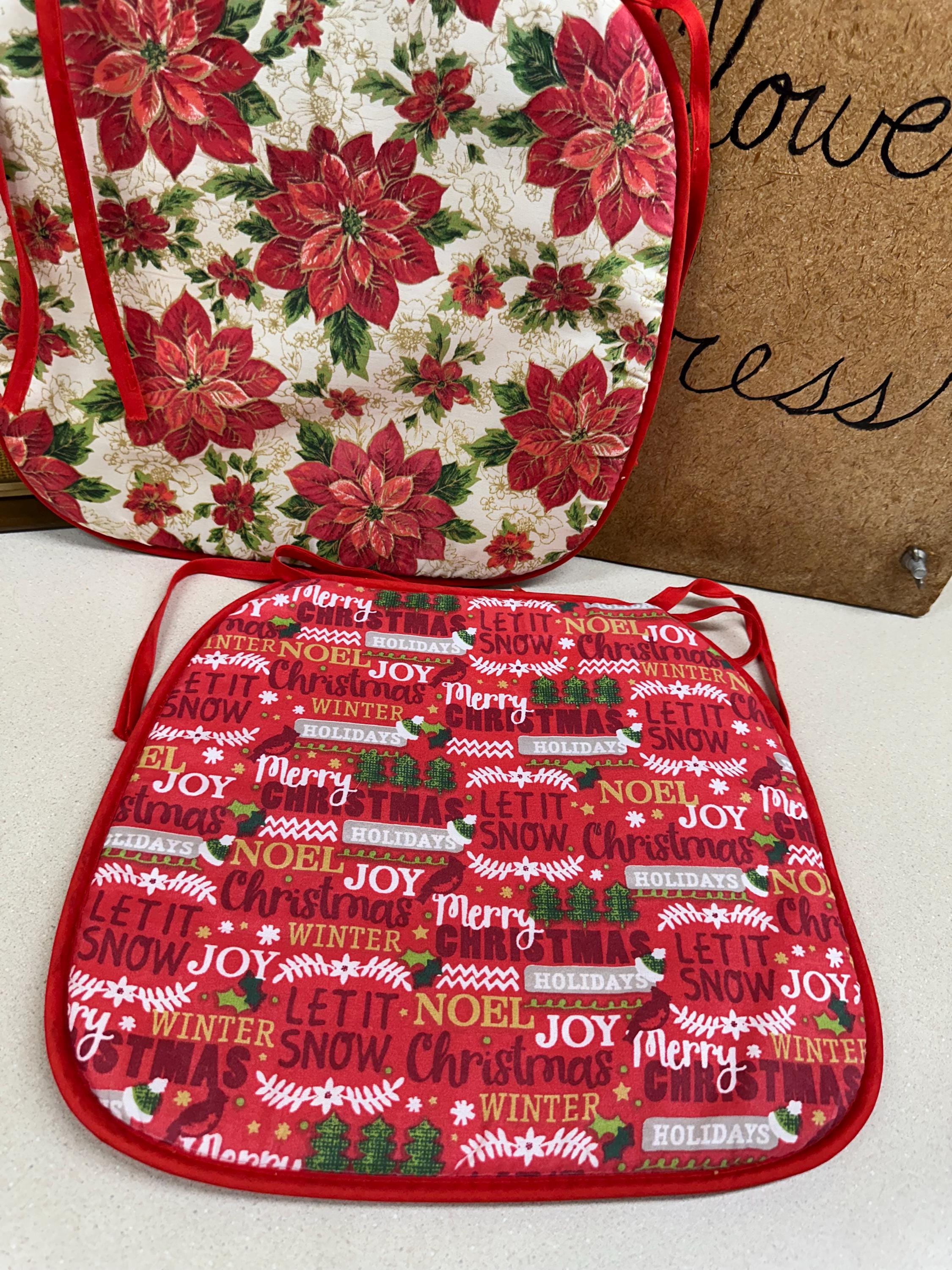 Vintage Seat Cushions Seat Pads Chair Covers Christmas Holiday Decor Poinsettia Set of 2