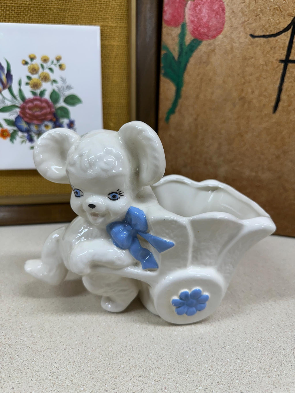 Vintage Blue Bear Pottery Planter: USA Wheelbarrow Plant Vessel