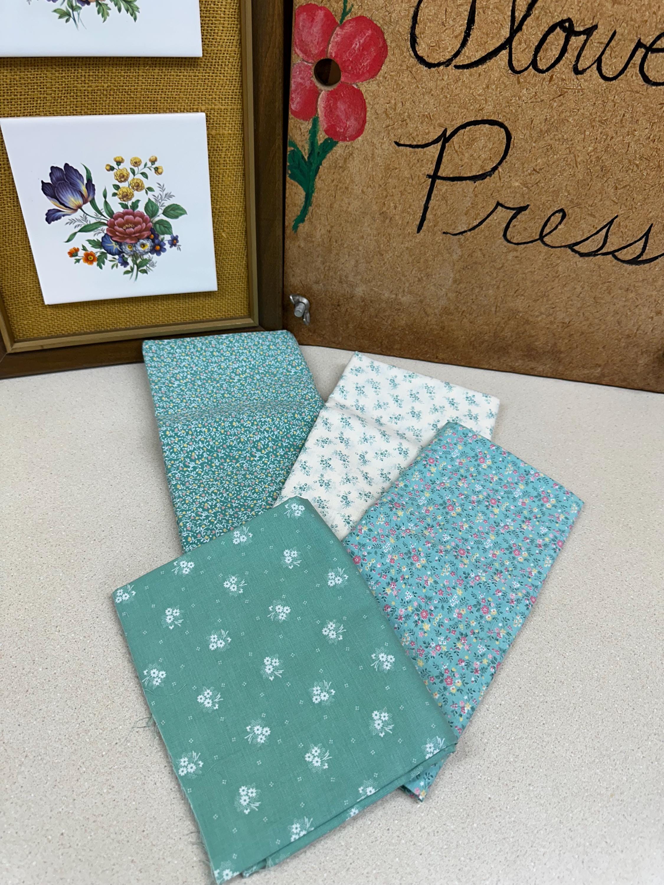 Vintage Floral Fabric Bundle: Retro Aqua Green Blue Cotton Blend Textiles- Lot of 4