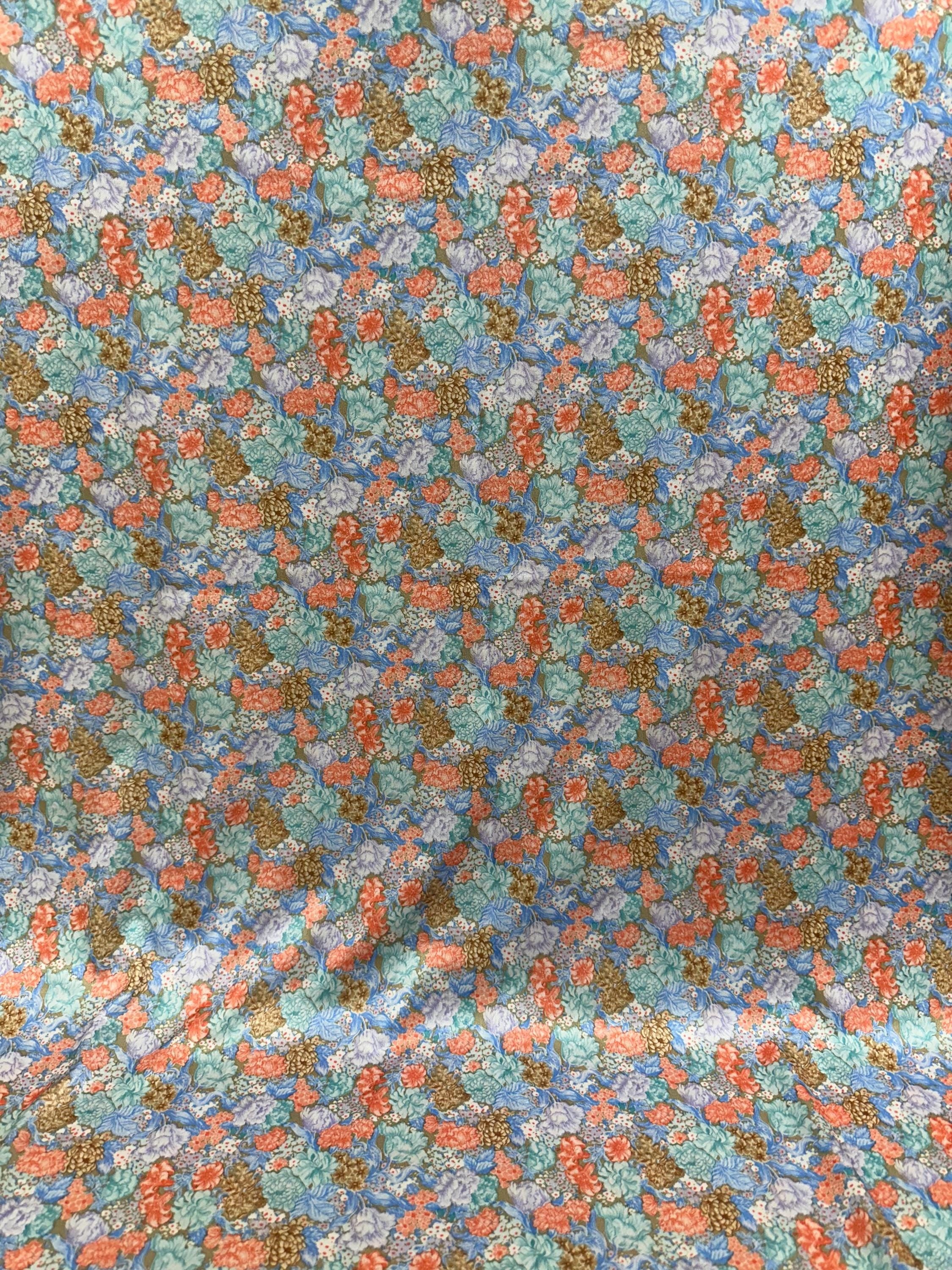 Vintage Fabric Material Textiles Floral Stretchy Peach Blue Brown 58 x 40 Inches