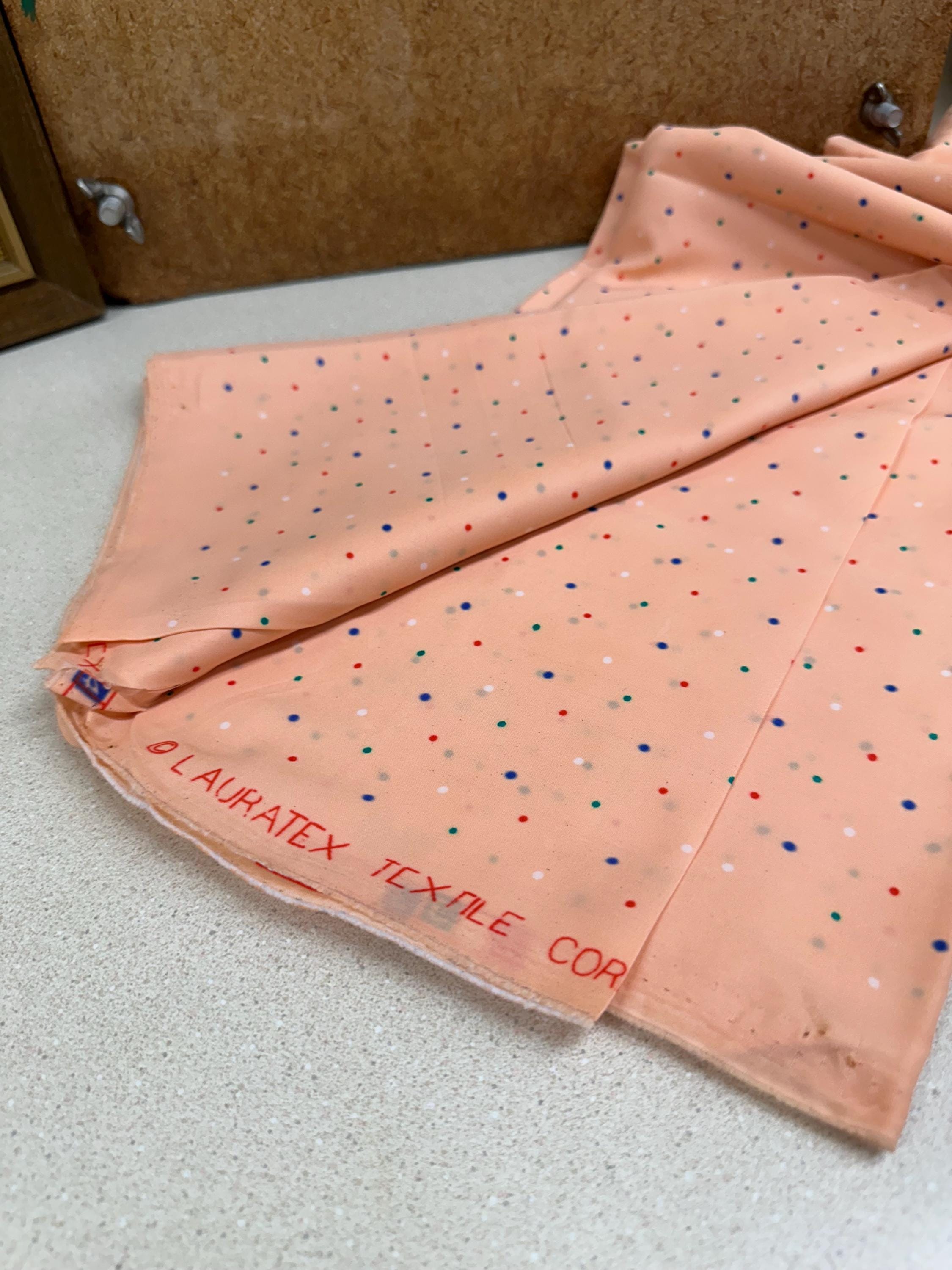 Vintage Fabric Material Vintage Textiles Peach Colorful Dots Satiny Smooth