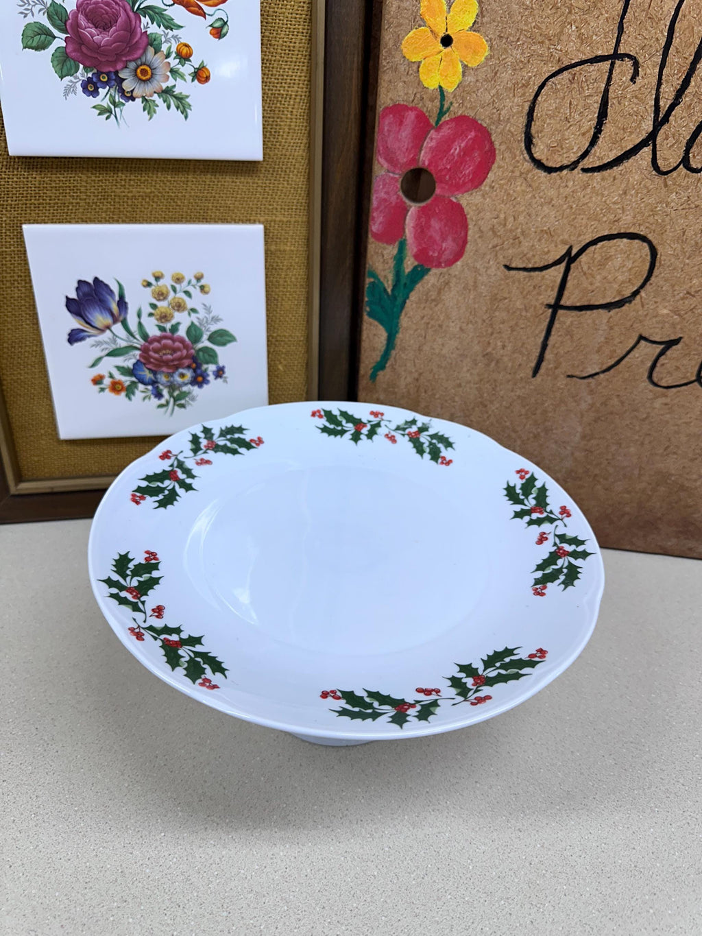 Vintage Christmas Cake Plate: Holiday Holly Berry Pedestal Serving Dish