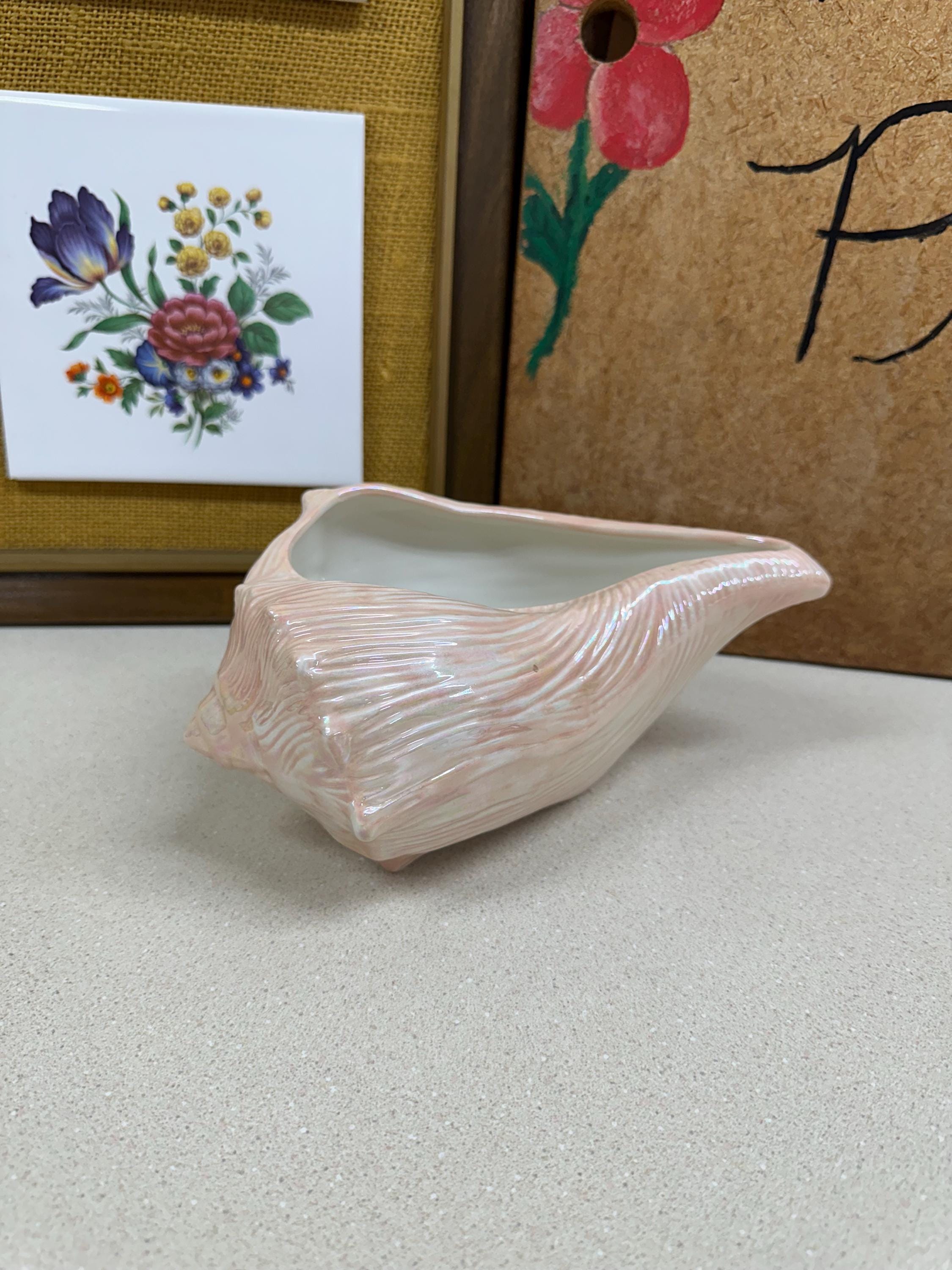 Vintage Seashell Planter: Large Pink Shell Dish, Ocean Decor