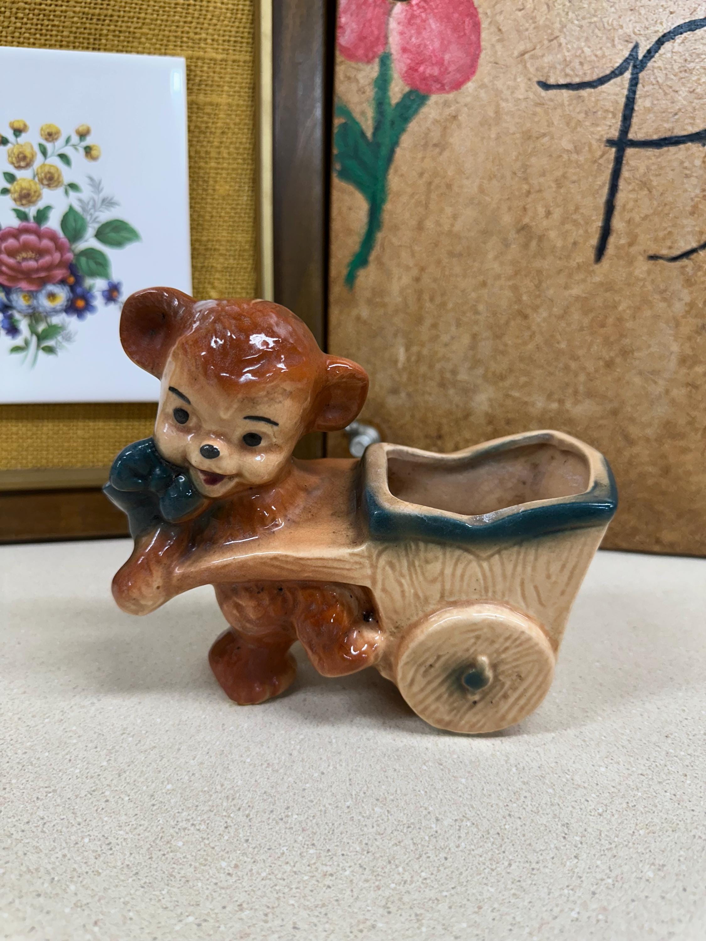 Vintage Bear Wagon Pottery Planter: USA Wheelbarrow Plant Vessel