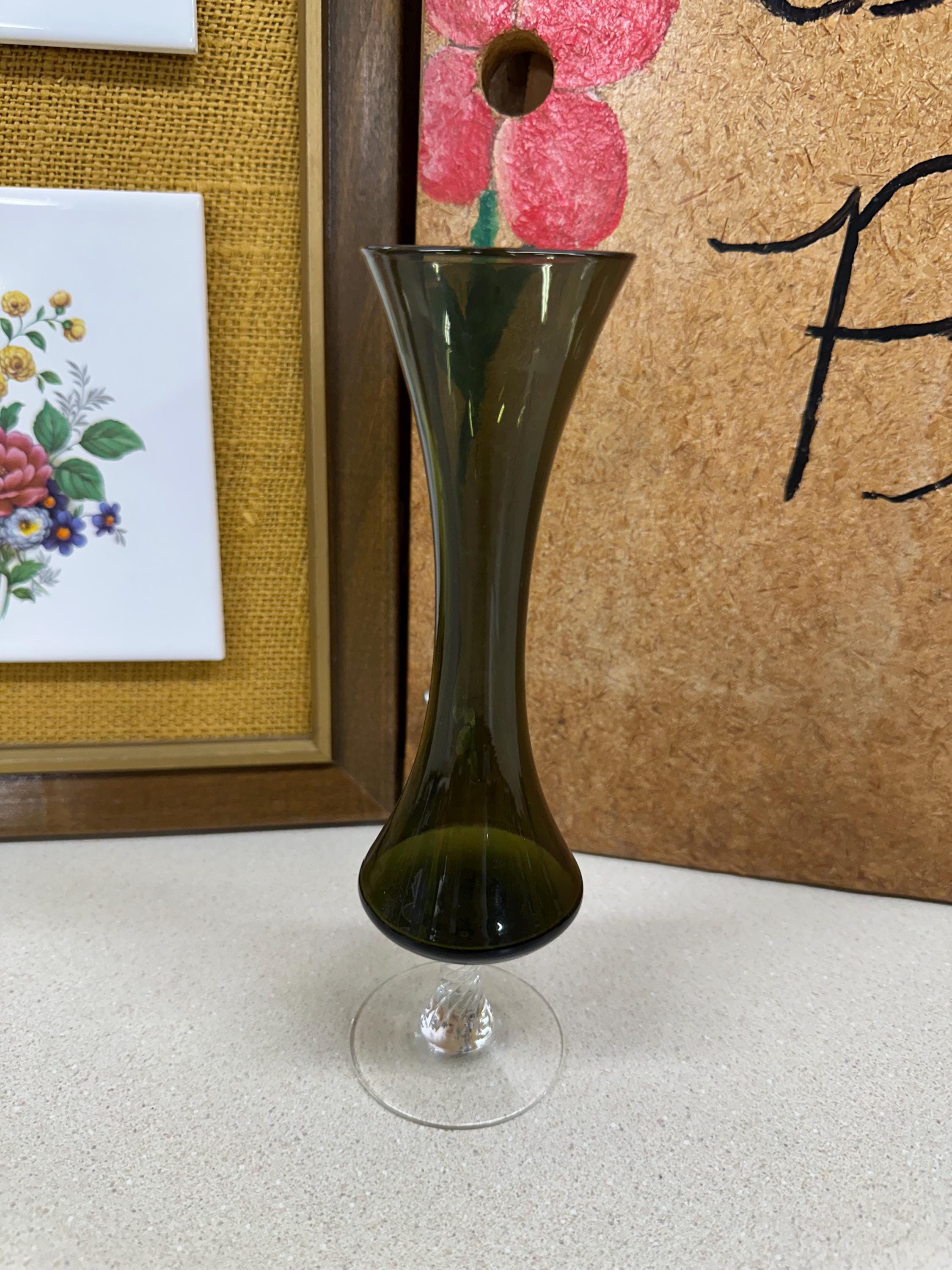 Dark Green Glass Vintage Vase: Olive Green Clear Base, Wedding Decor