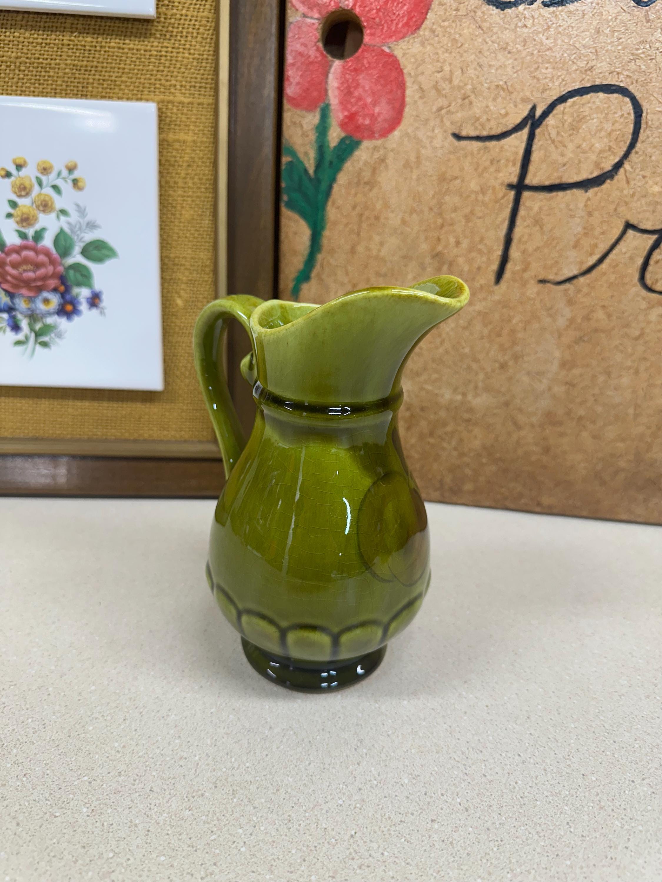 Vintage LA Potteries Creamer: Avocado Green Small Pitcher, Fruit Decor
