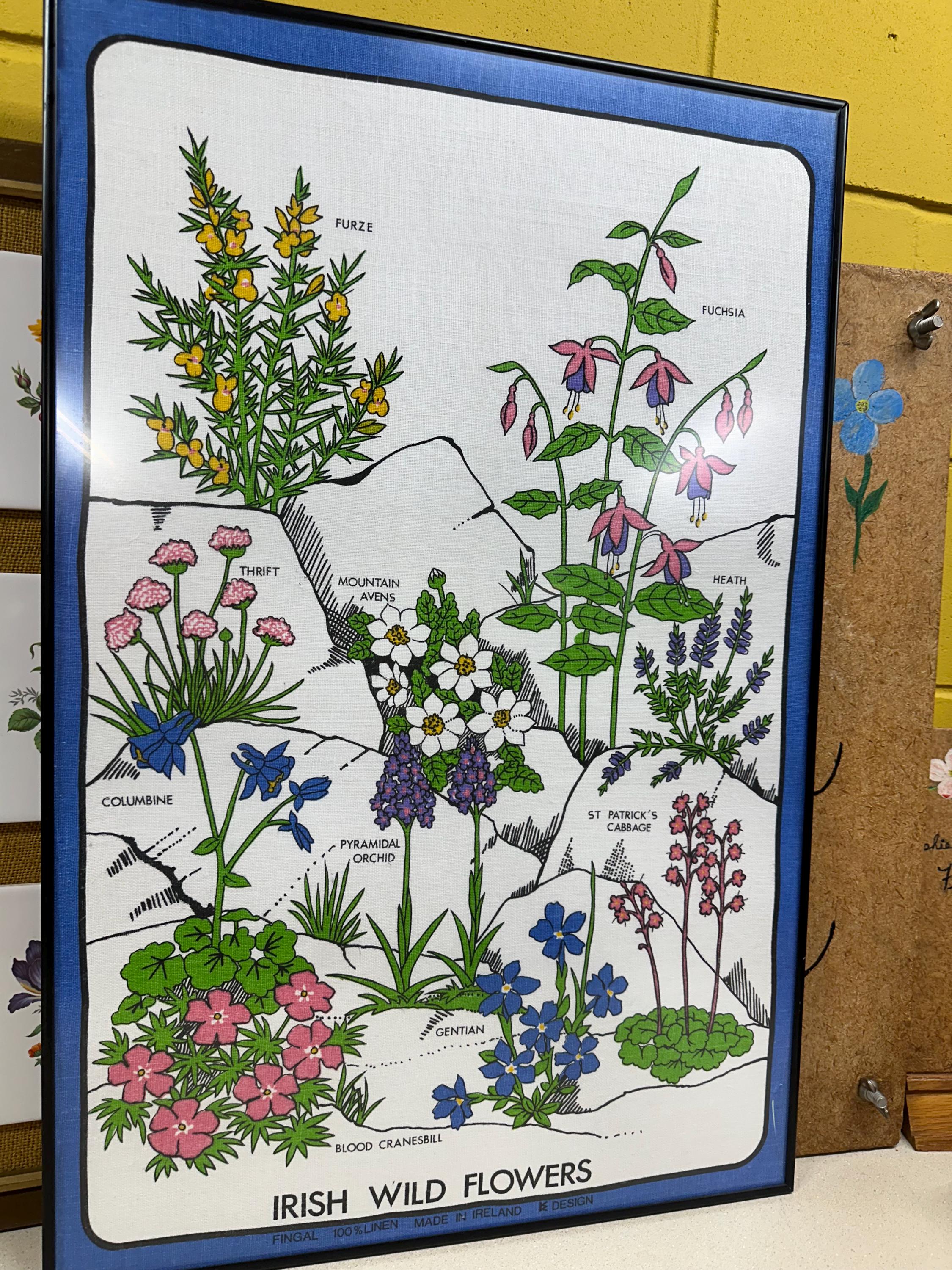 Framed Vintage Irish Wildflower Tea Towel Wall Decor