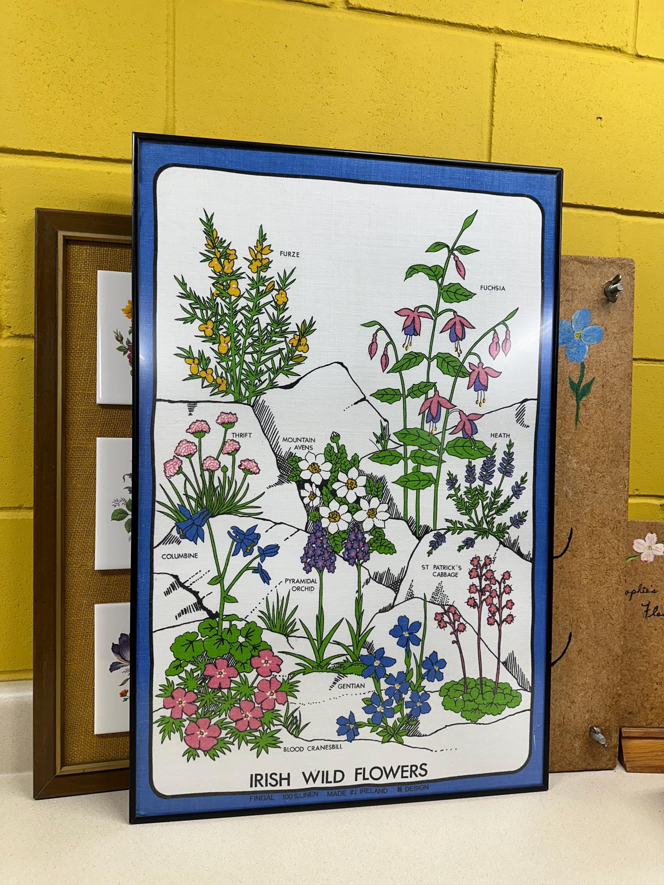 Framed Vintage Irish Wildflower Tea Towel Wall Decor