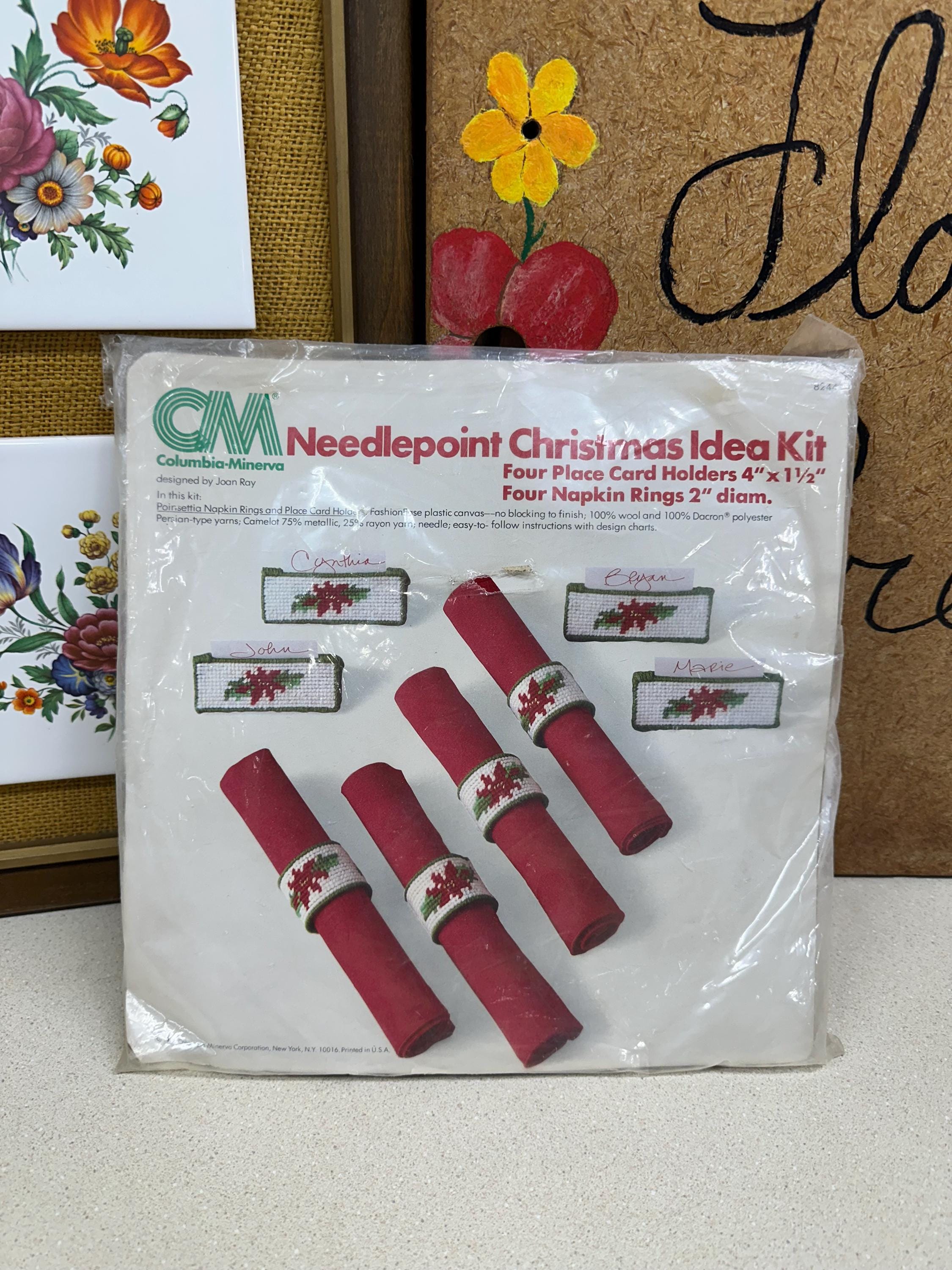 Vintage Needlepoint Crewel Christmas Kit: Napkin Rings & Place Cards - Made in USA