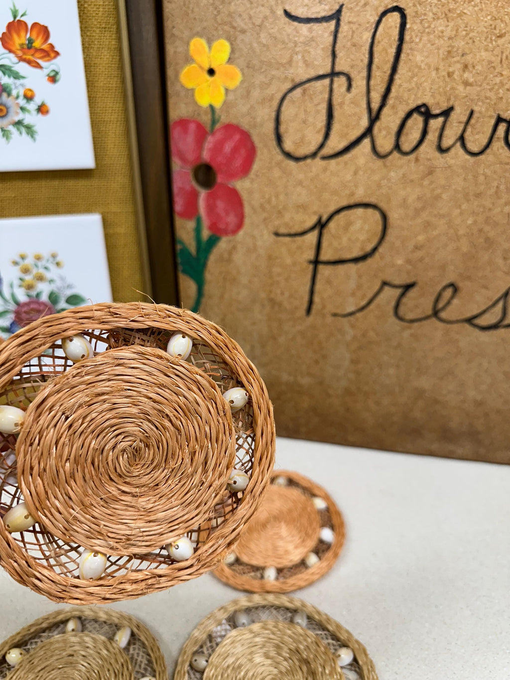 Vintage Abaca Coasters, Shell Accents - Set of 4