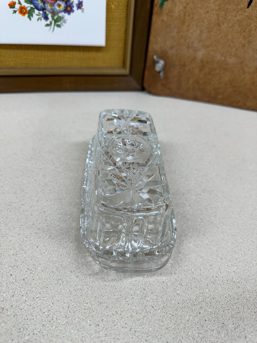 Vintage Butter Dish Clear Glass Cut Glass Star of David Pattern USA