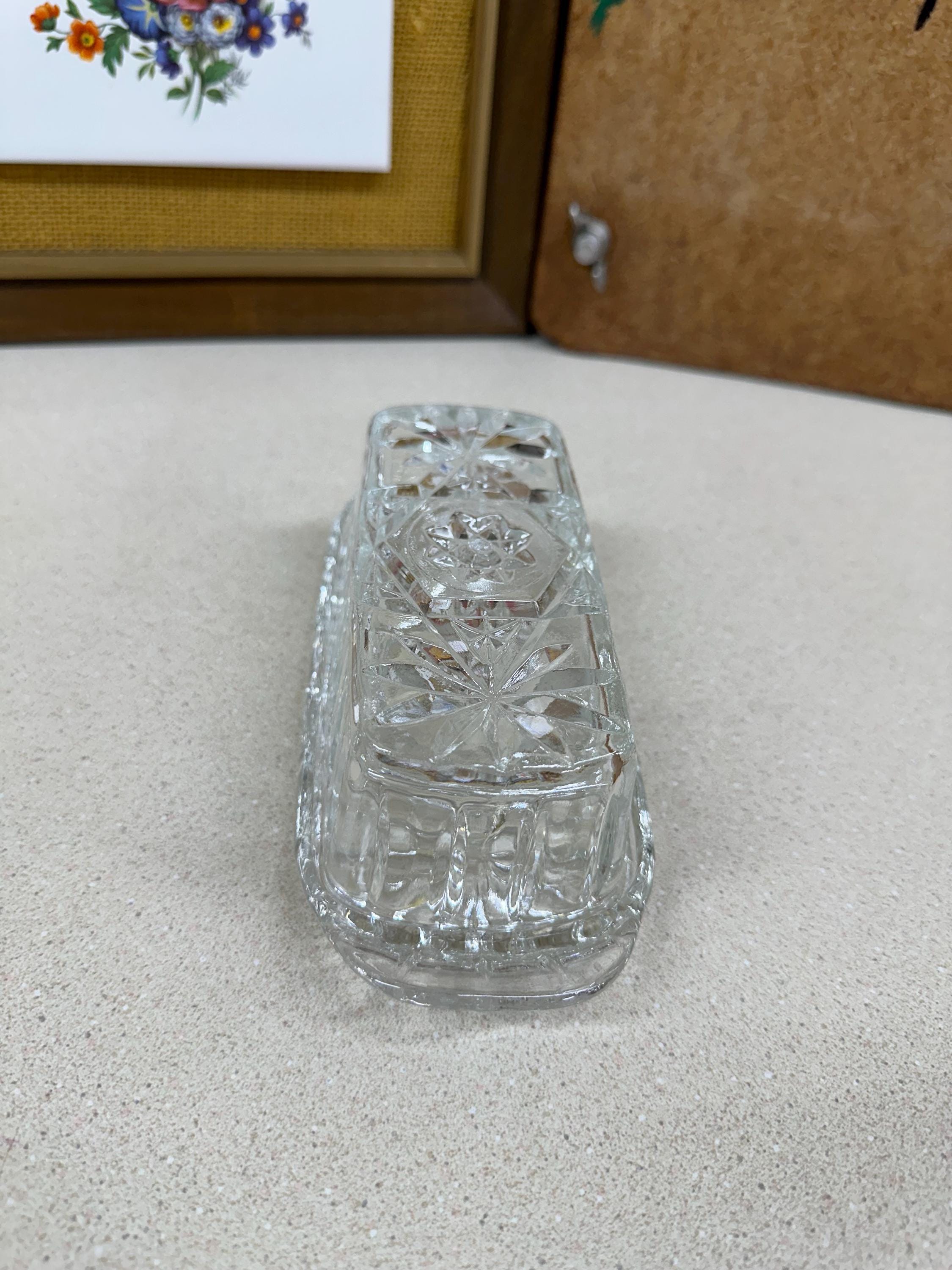 Vintage Butter Dish Clear Glass Cut Glass Star of David Pattern USA