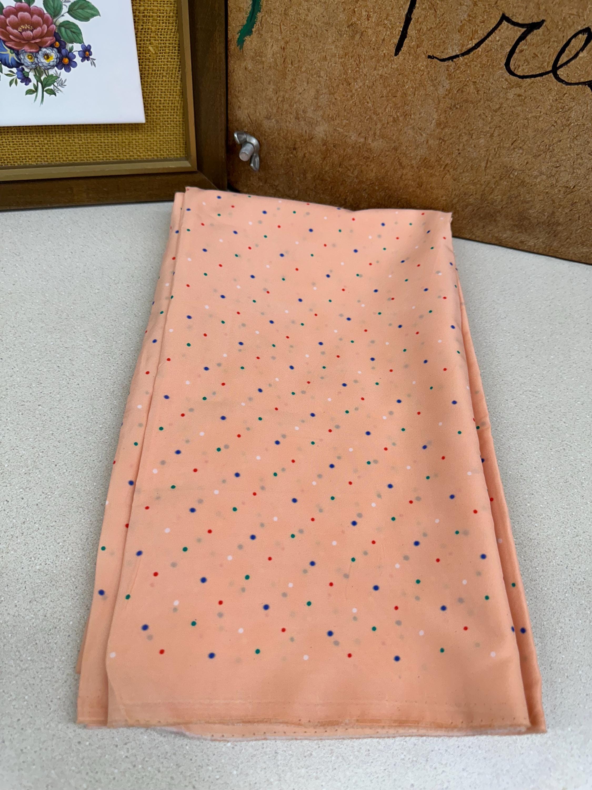 Vintage Fabric Material Vintage Textiles Peach Colorful Dots Satiny Smooth