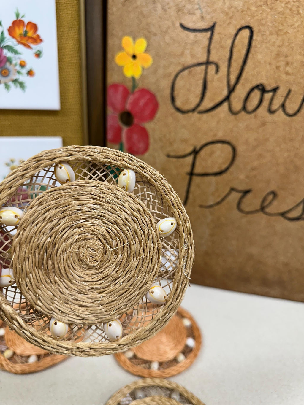 Vintage Abaca Coasters, Shell Accents - Set of 4