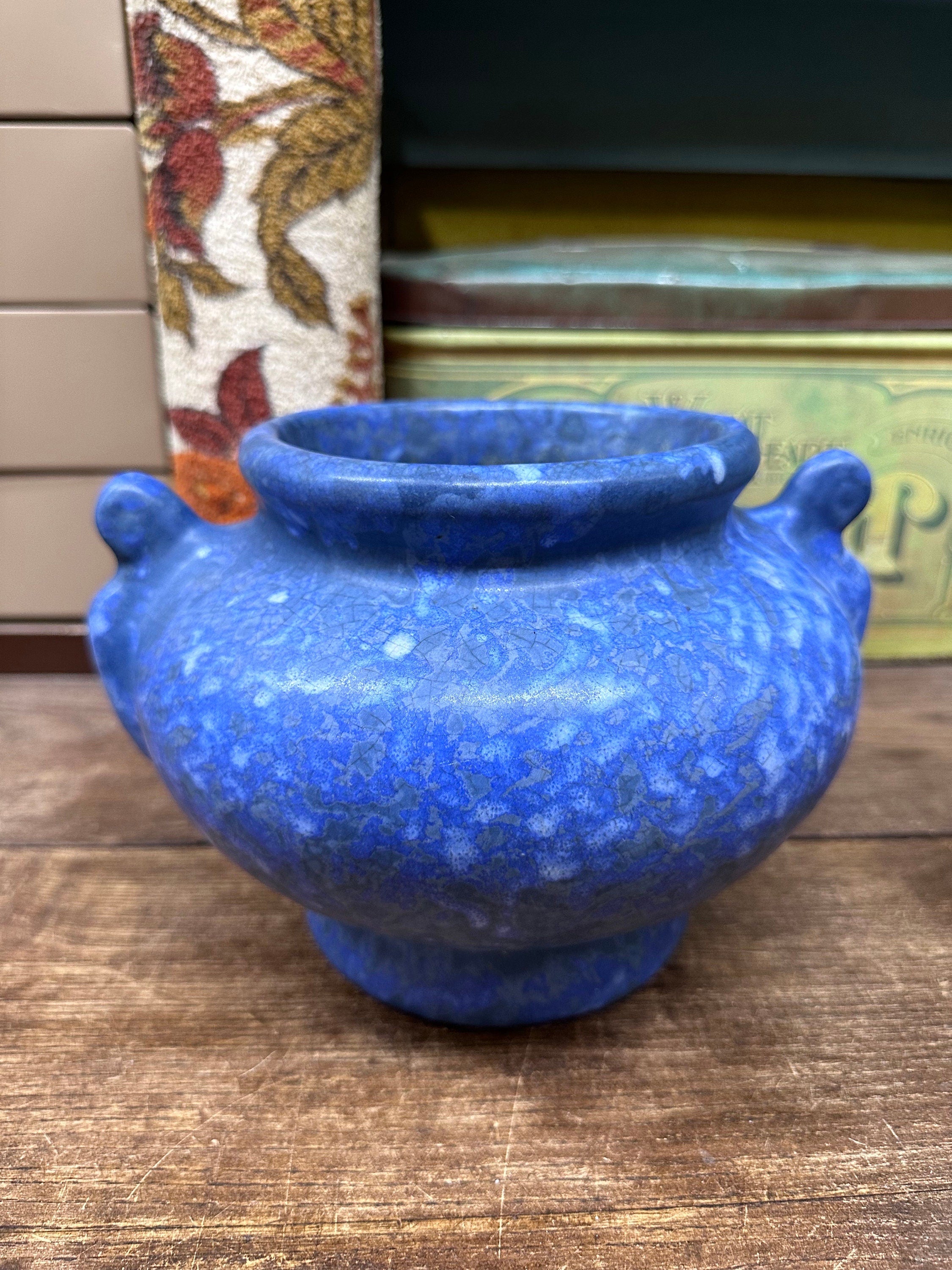 Vintage Planter Pot Blue Heavy Crock Brush McCoy Periwinkle Blue USA