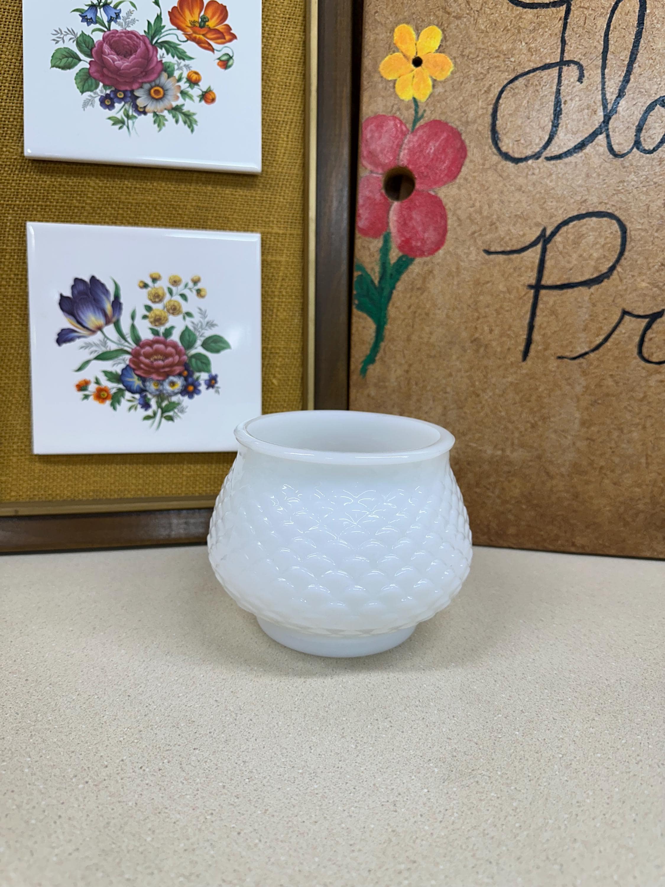 Vintage Planter White Milk Glass Vase Fish Scale Pattern Dish USA Made EO Brody