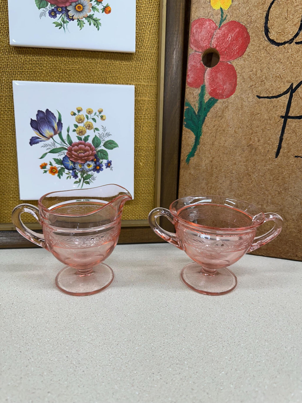 Vintage Creamer & Sugar Bowl Pink Rose Glass Cream and Sugar Set of 2