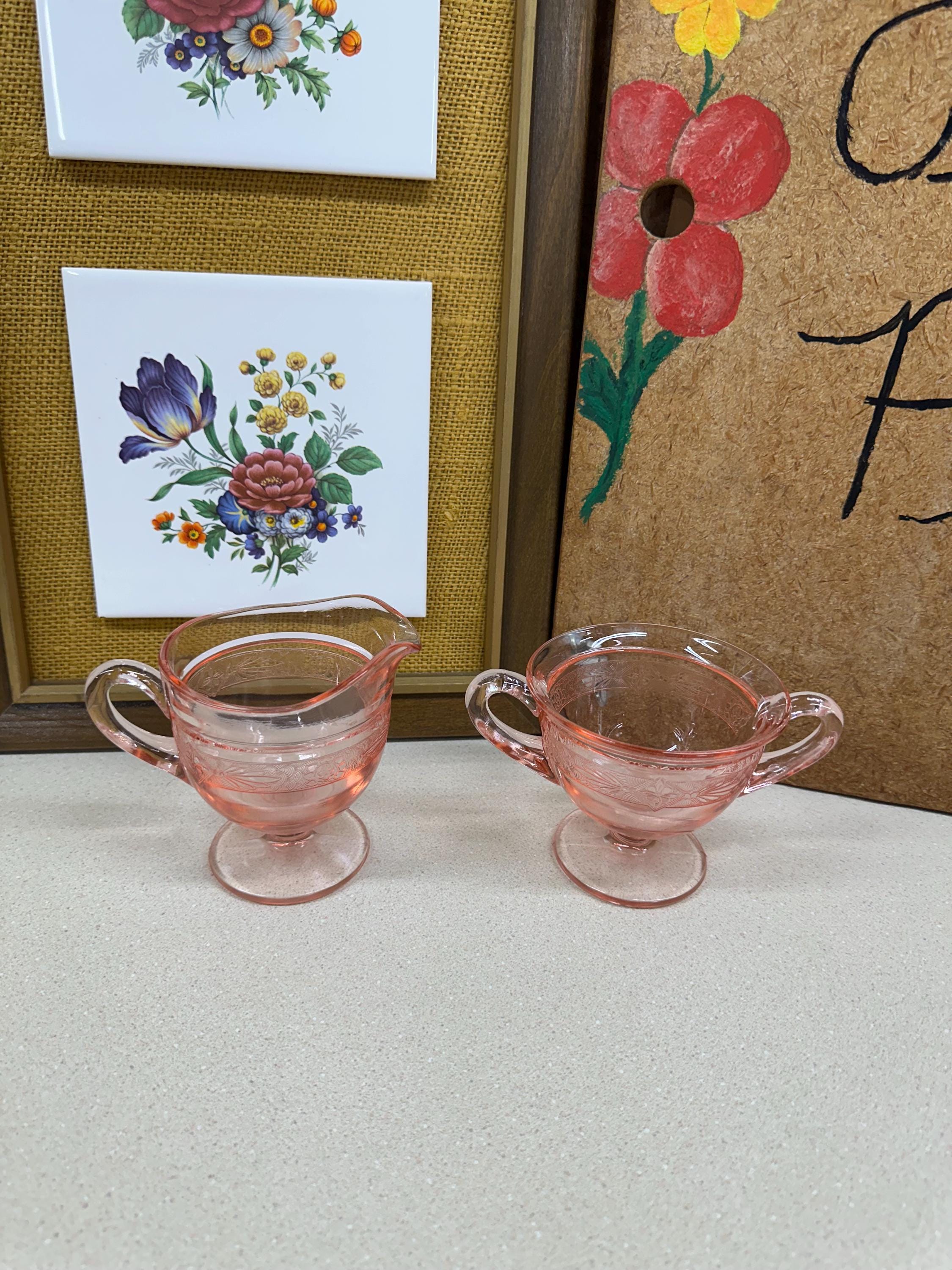 Vintage Creamer & Sugar Bowl Pink Rose Glass Cream and Sugar Set of 2