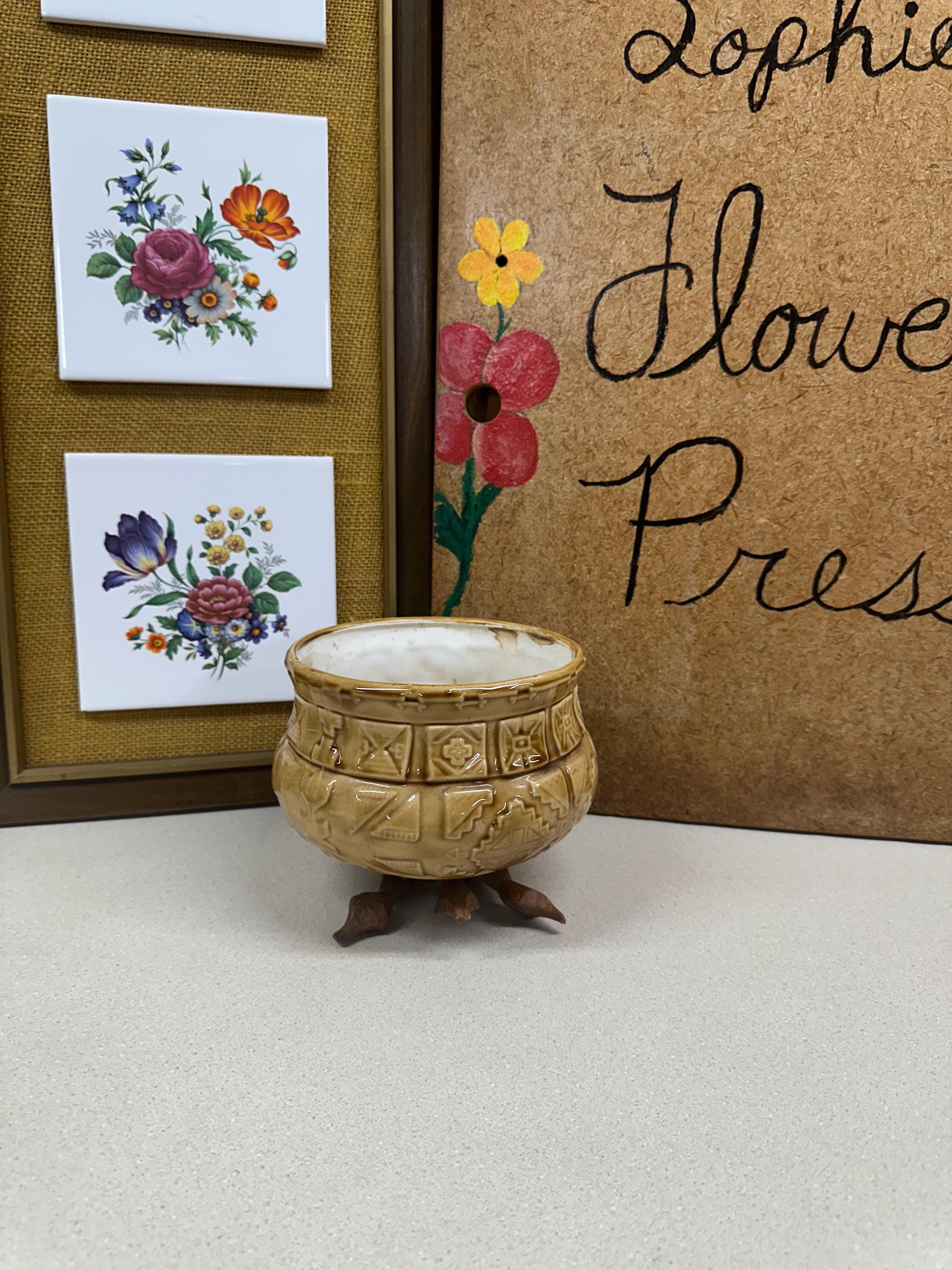 Vintage Planter/ Pot/ Plants/ Tan/ Natural/ Succulents/ Plant Vessel/ Retro/ Native American Print