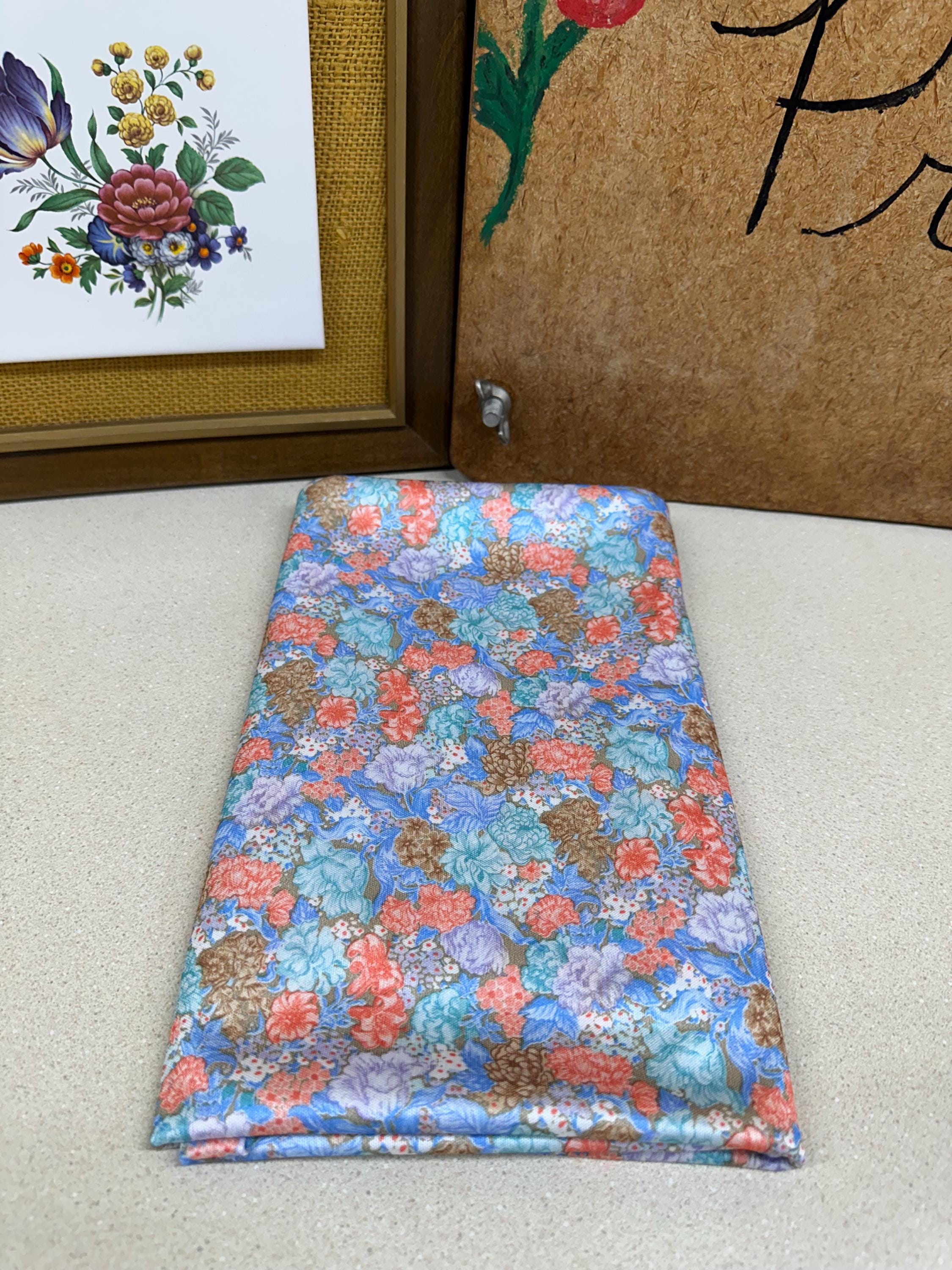 Vintage Fabric Material Textiles Floral Stretchy Peach Blue Brown 58 x 40 Inches