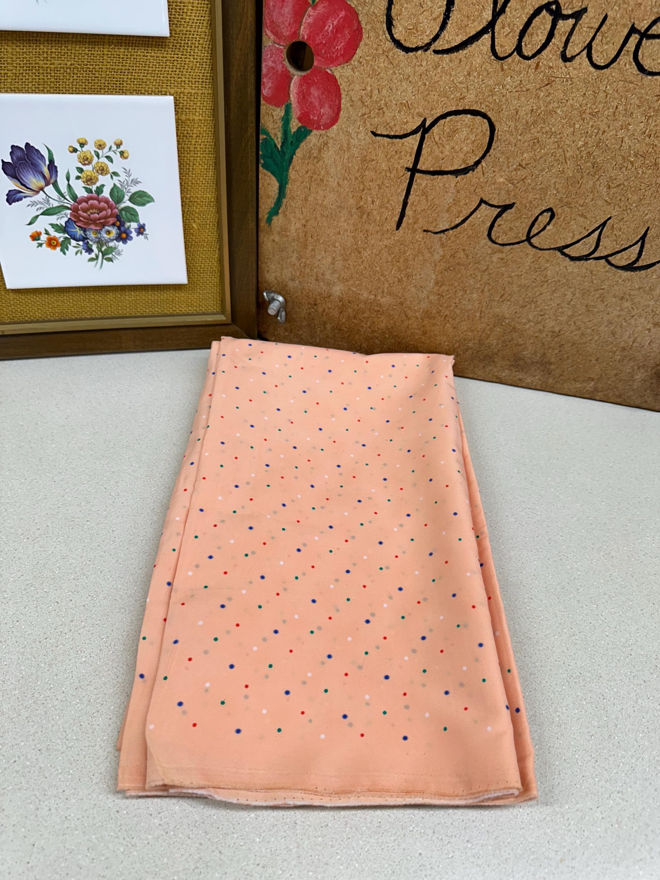 Vintage Fabric Material Vintage Textiles Peach Colorful Dots Satiny Smooth
