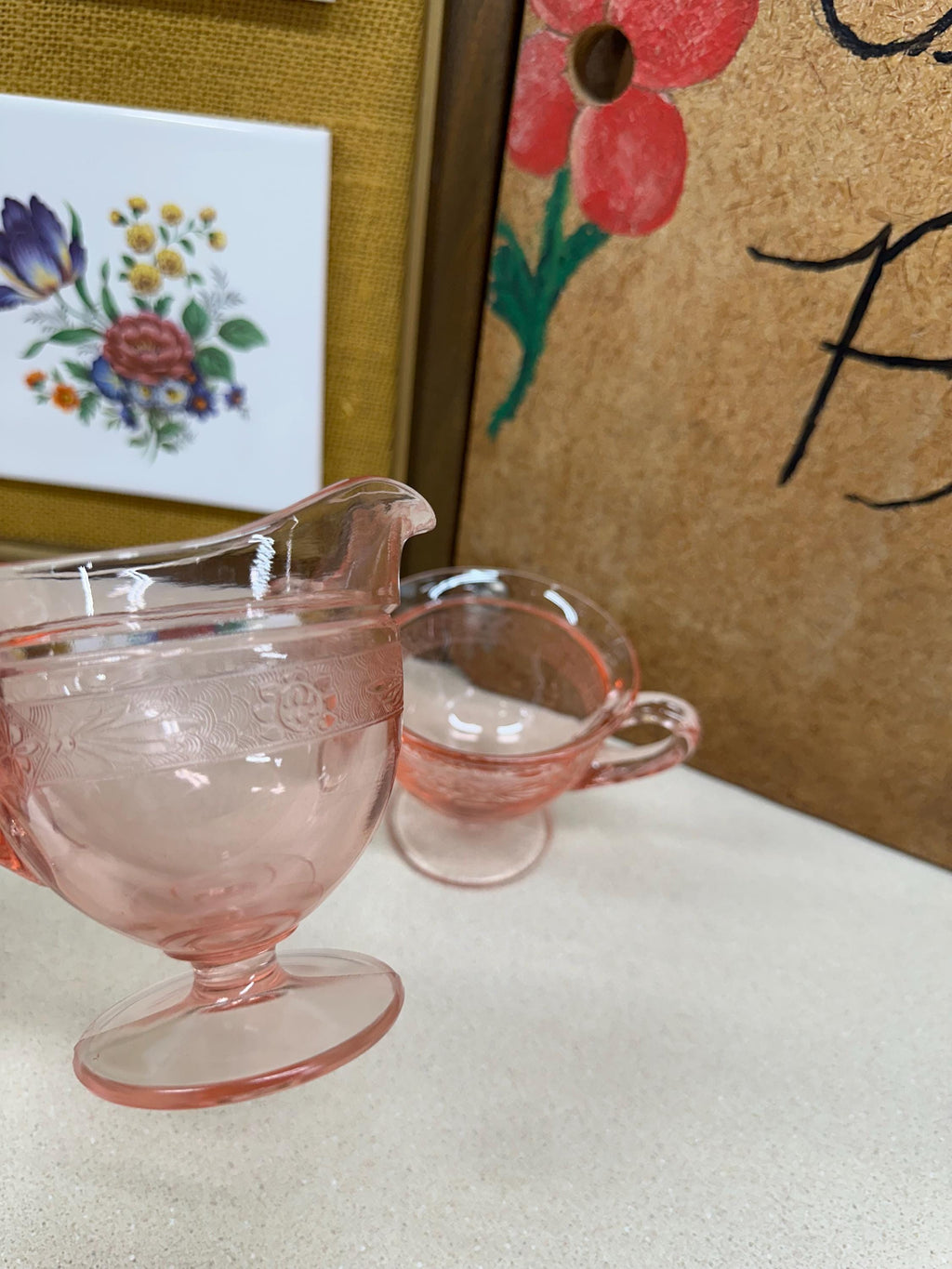 Vintage Creamer & Sugar Bowl Pink Rose Glass Cream and Sugar Set of 2