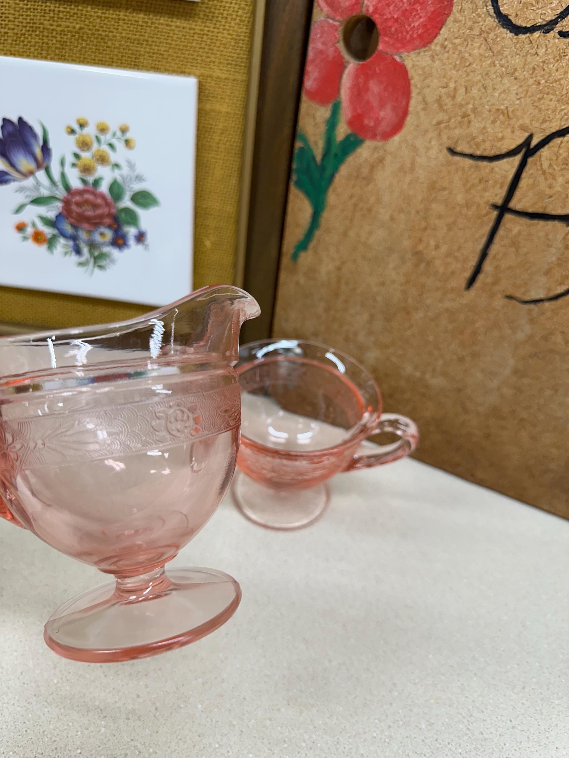 Vintage Creamer & Sugar Bowl Pink Rose Glass Cream and Sugar Set of 2
