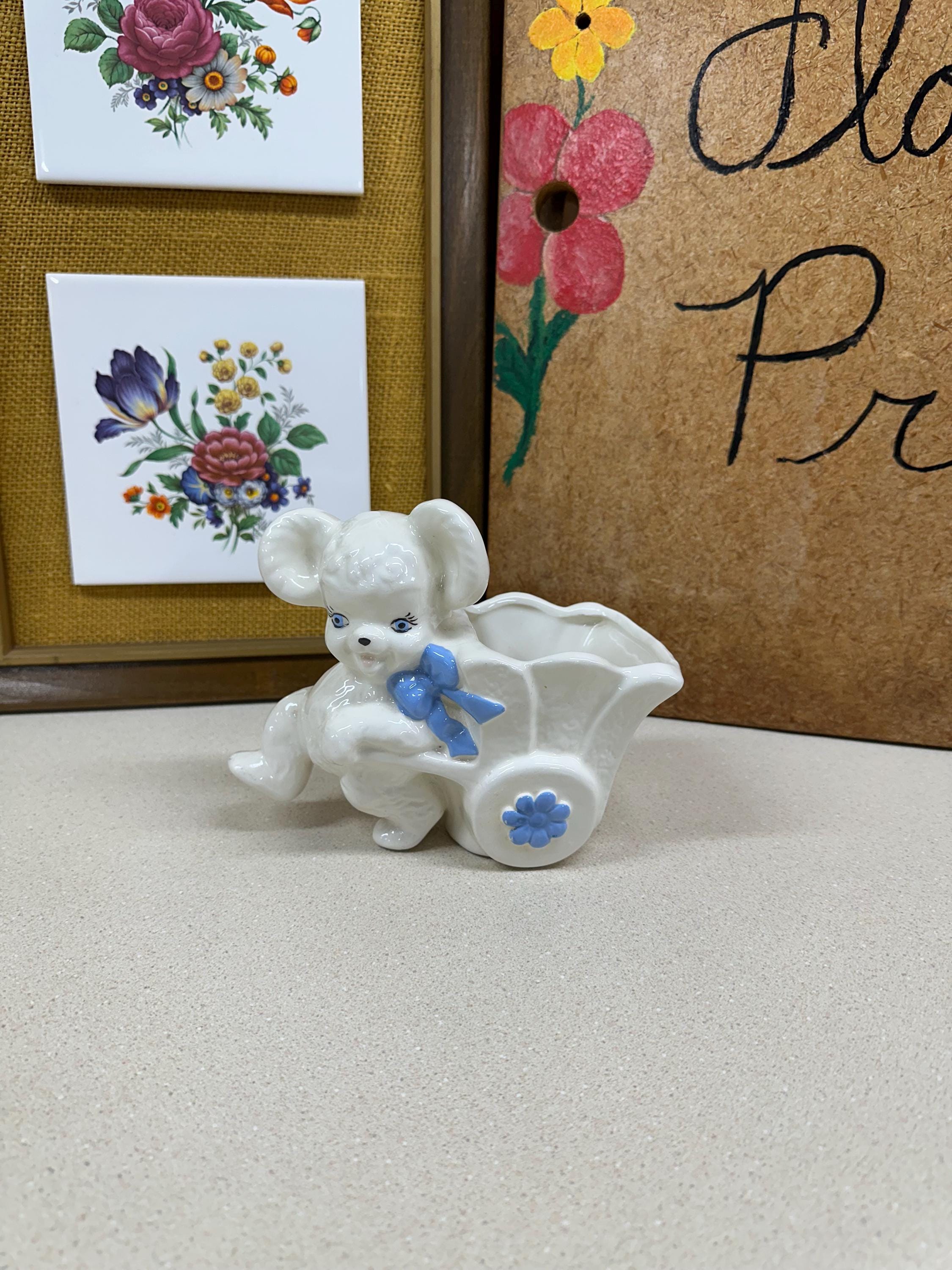 Vintage Blue Bear Pottery Planter: USA Wheelbarrow Plant Vessel