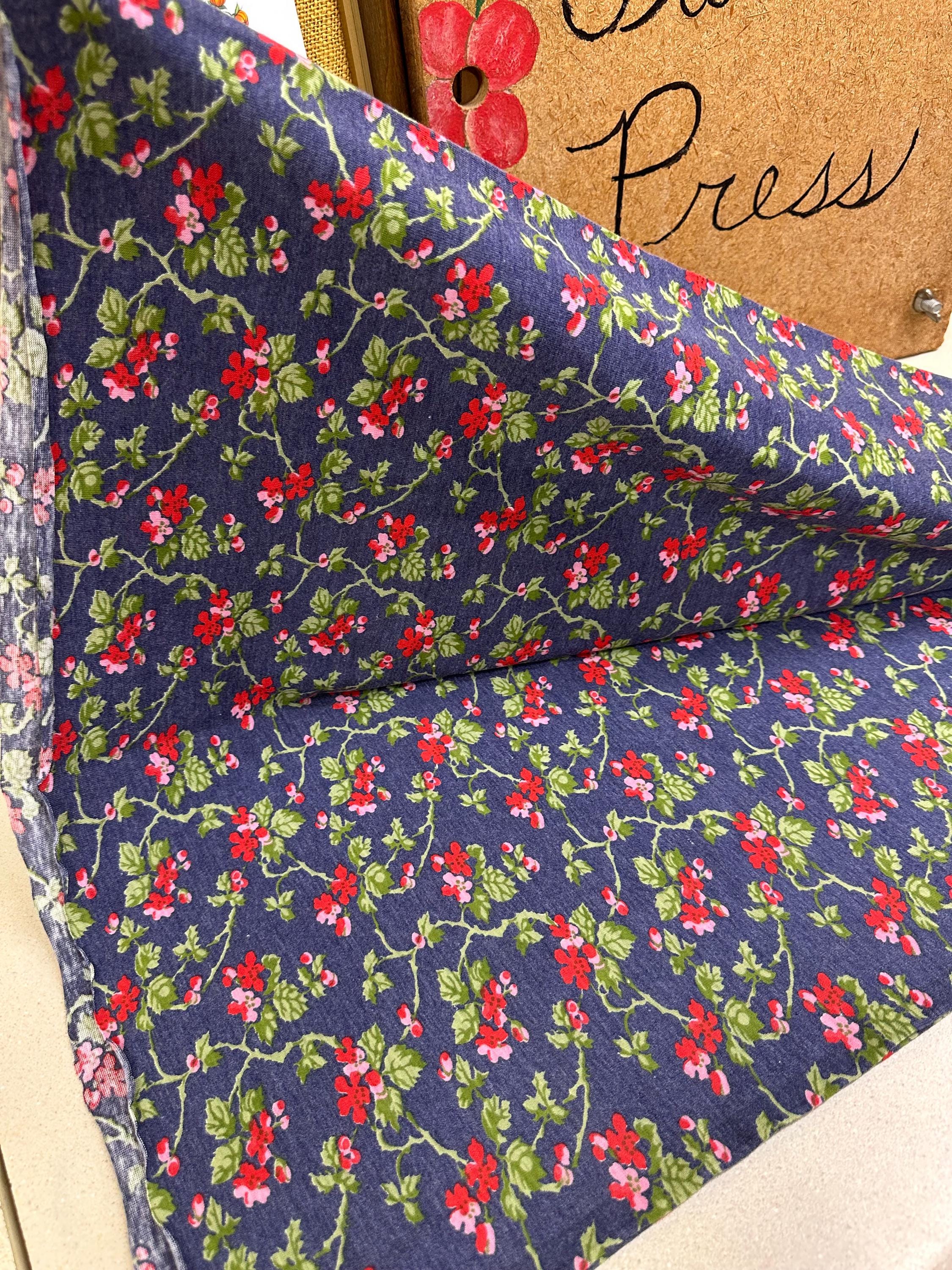 Vintage Fabric Material Vintage Textiles Blue Pink Red Green Retro Floral Design Stretchy