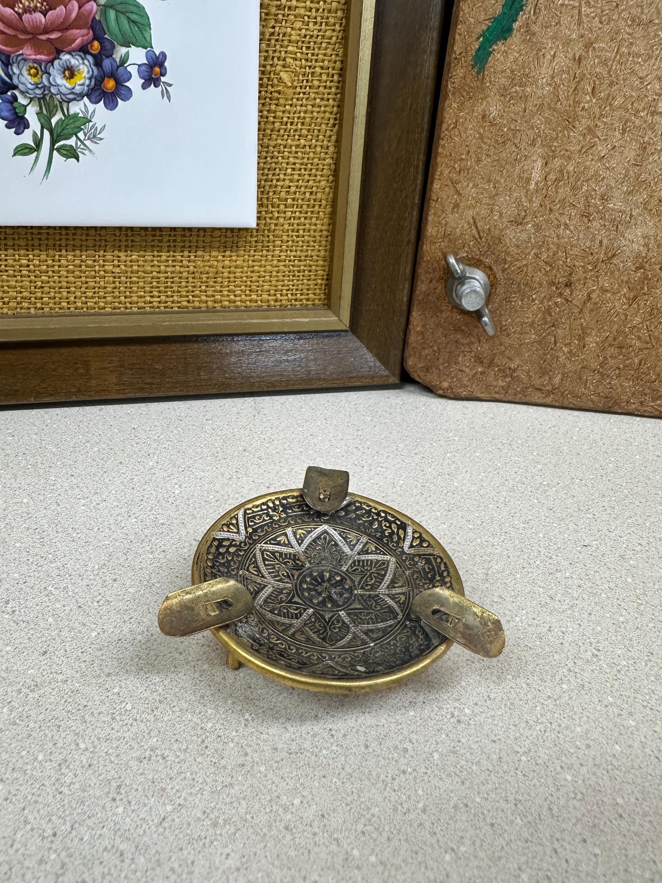 Vintage Ashtray Incense Burner Damascene Metal Gold Plate Special Occasions Trinket Dish