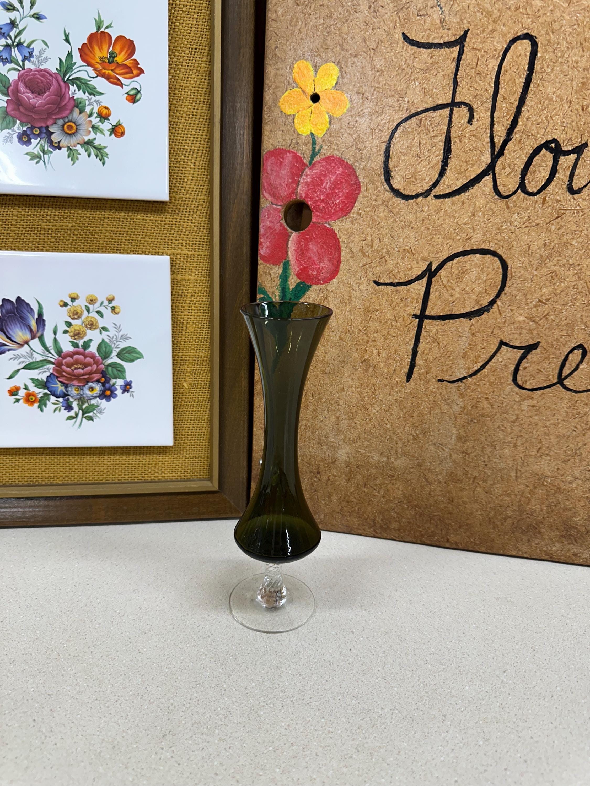 Dark Green Glass Vintage Vase: Olive Green Clear Base, Wedding Decor