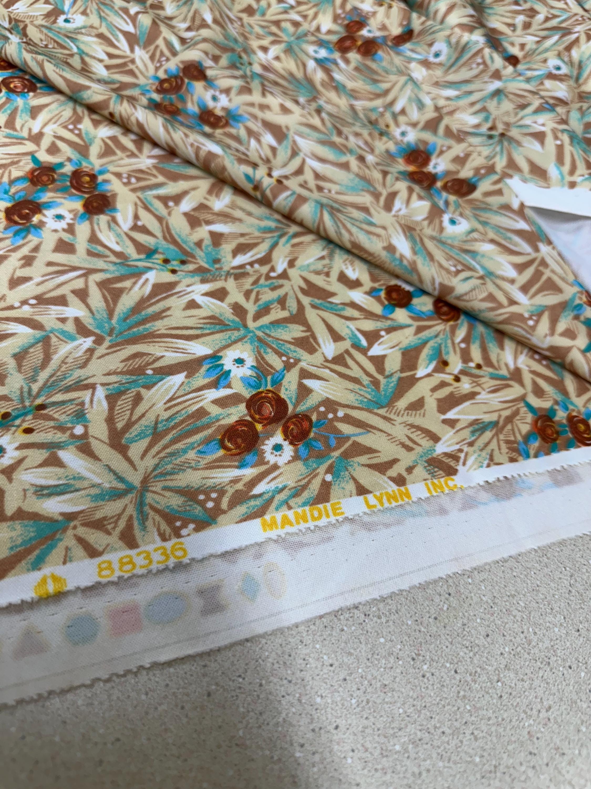 Vintage Floral Fabric: Brown & Blue Stretchy Textiles (60x40 inches