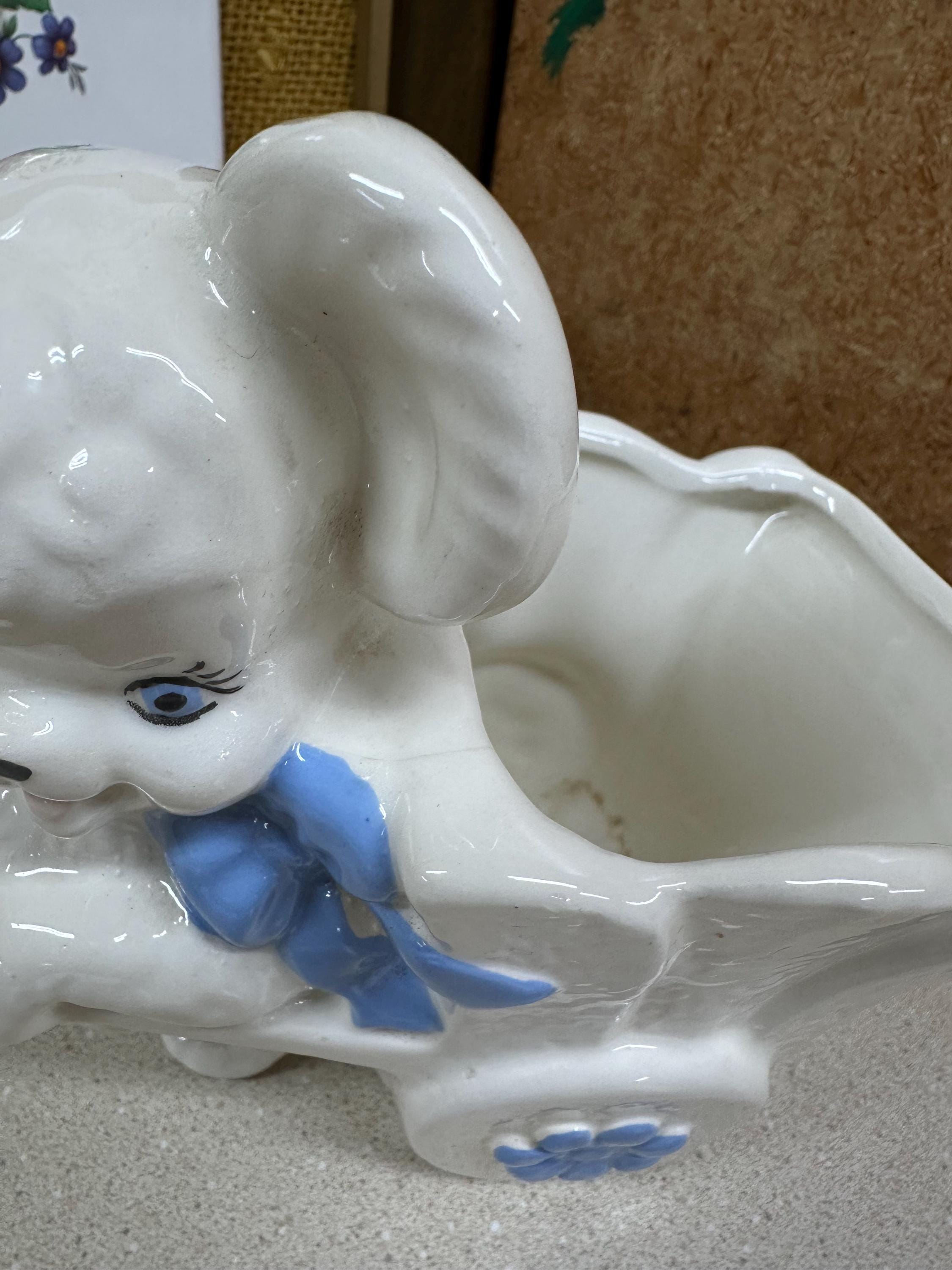 Vintage Blue Bear Pottery Planter: USA Wheelbarrow Plant Vessel