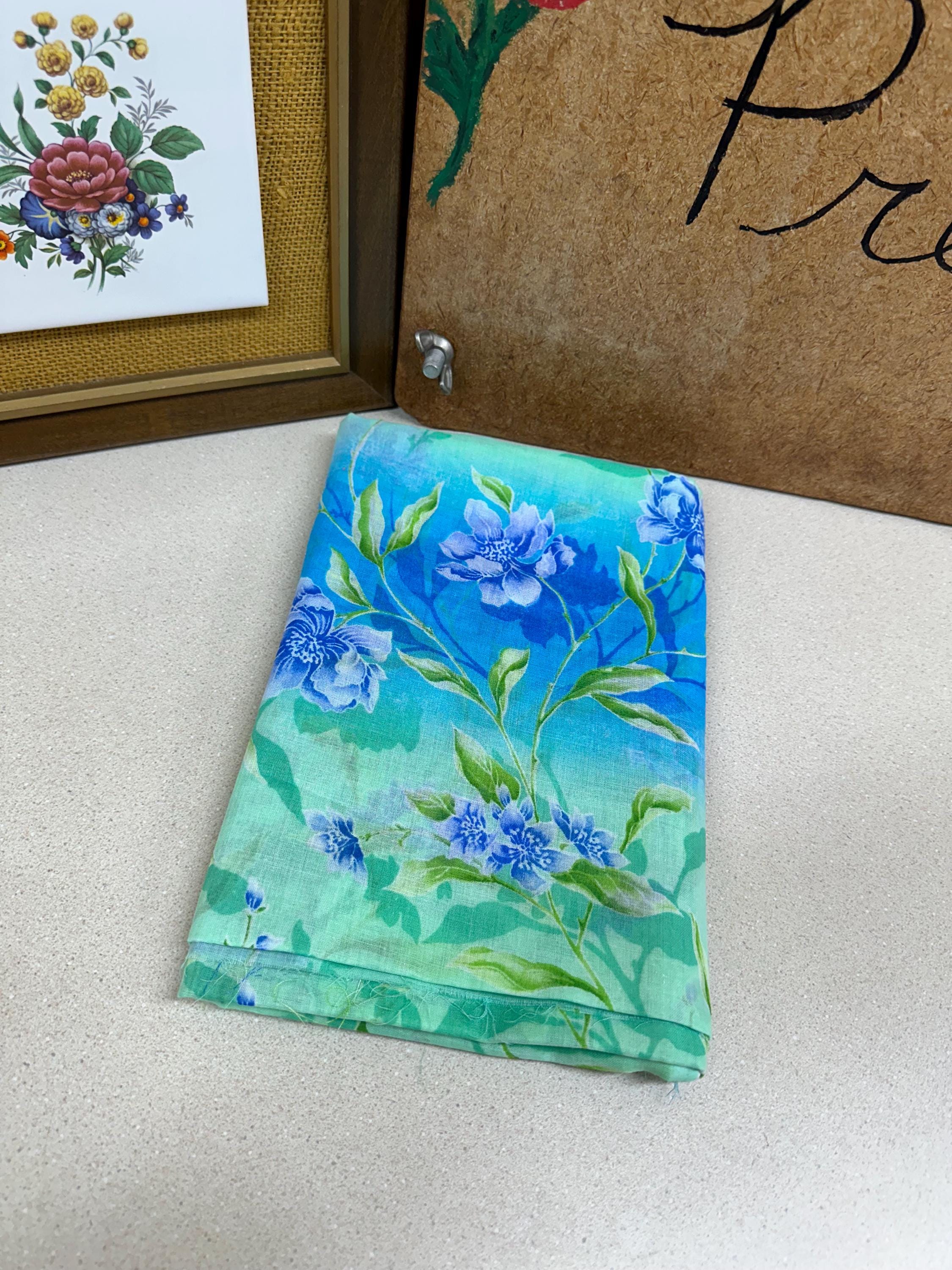 Vintage Floral Fabric: Semi Sheer Green & Blue Textiles