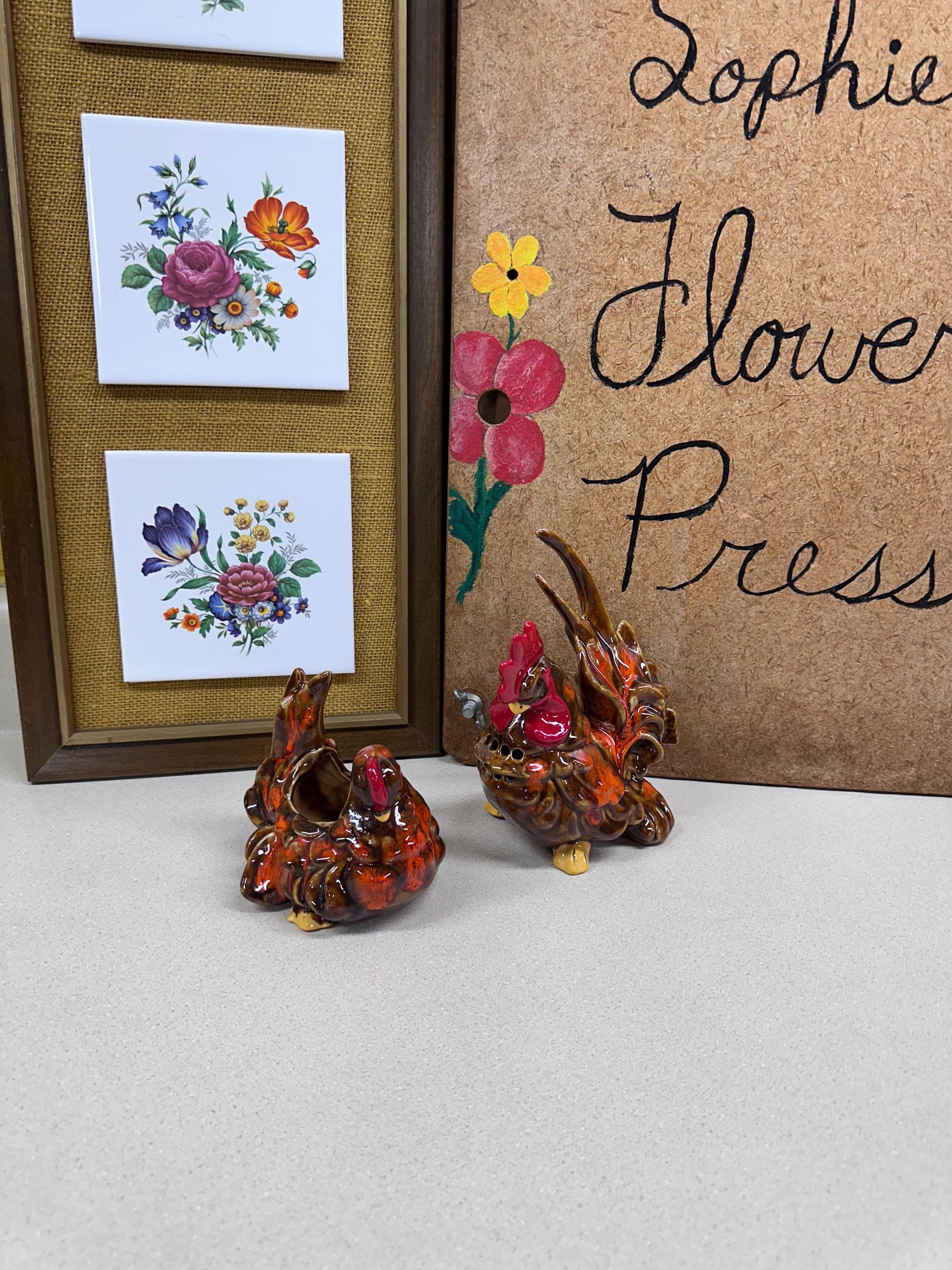 Vintage Rooster & Hen Ceramic Planter Set: Retro Farmhouse Decor- Set of 2