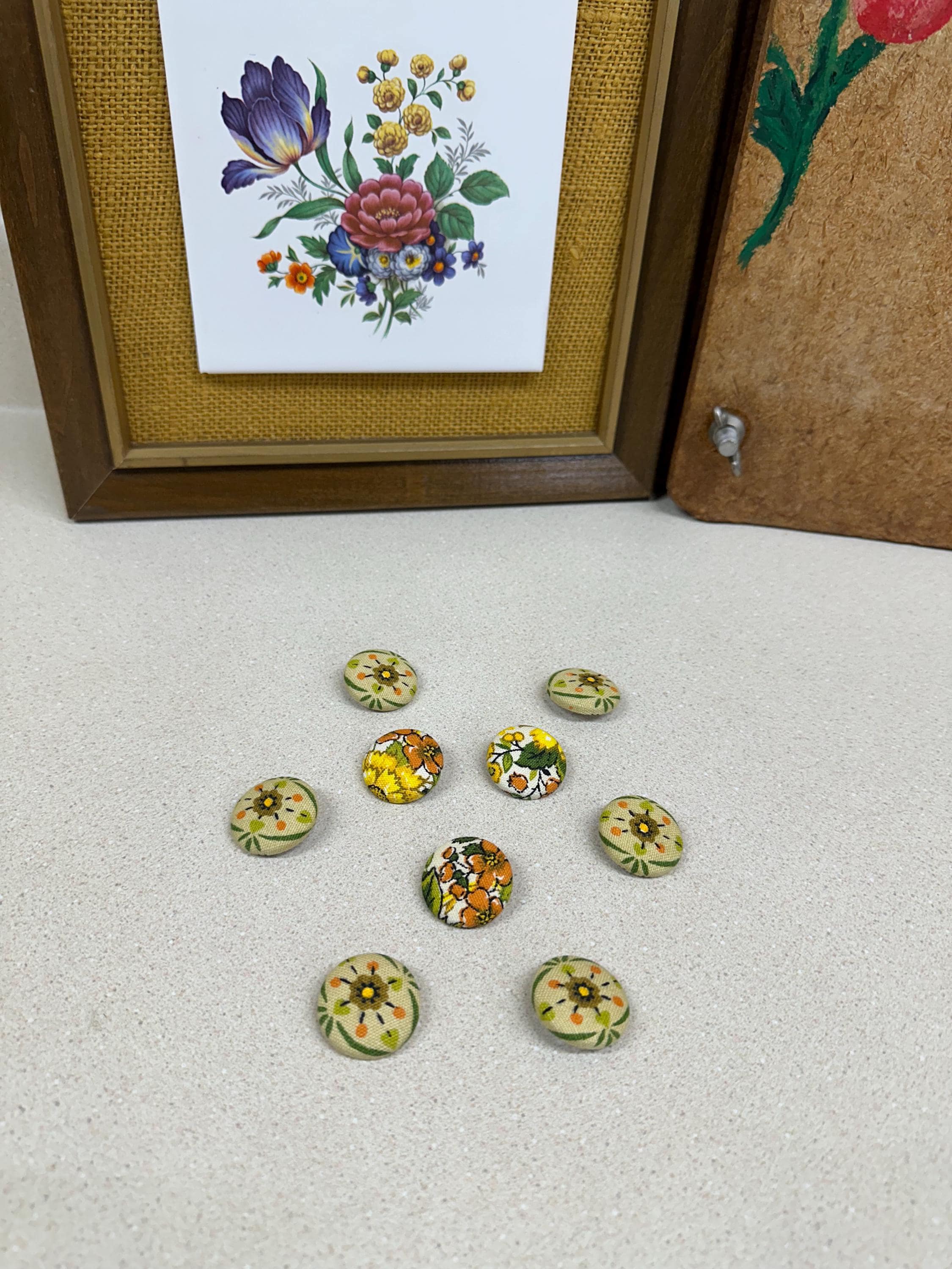 Handmade Vintage Fabric Buttons: Retro Floral Set of 9