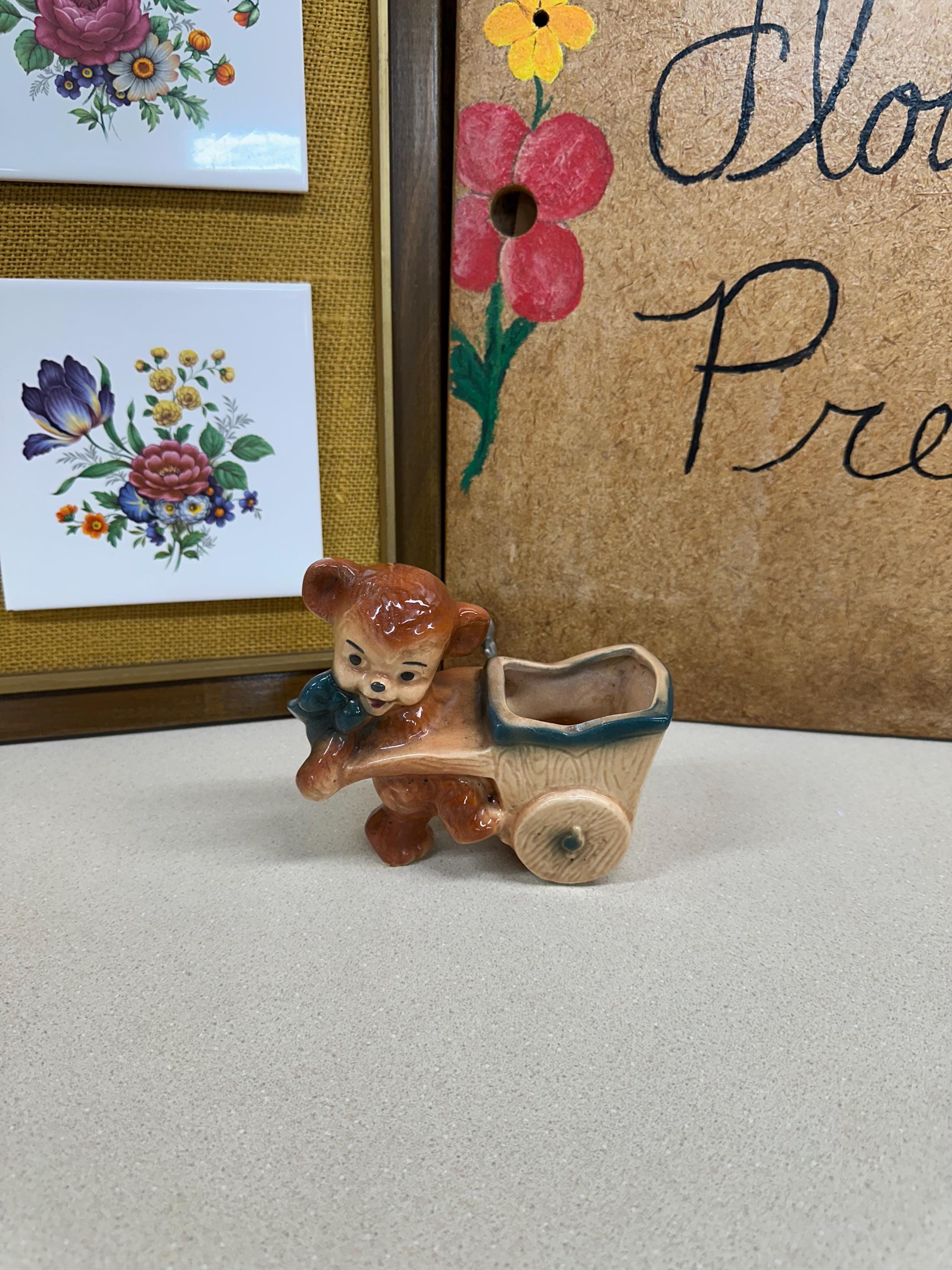 Vintage Bear Wagon Pottery Planter: USA Wheelbarrow Plant Vessel