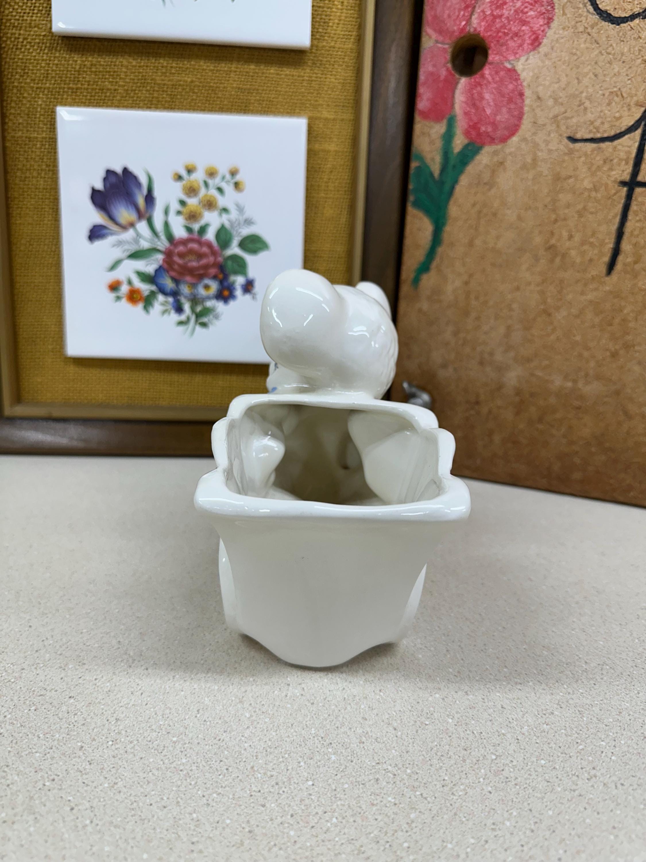 Vintage Blue Bear Pottery Planter: USA Wheelbarrow Plant Vessel