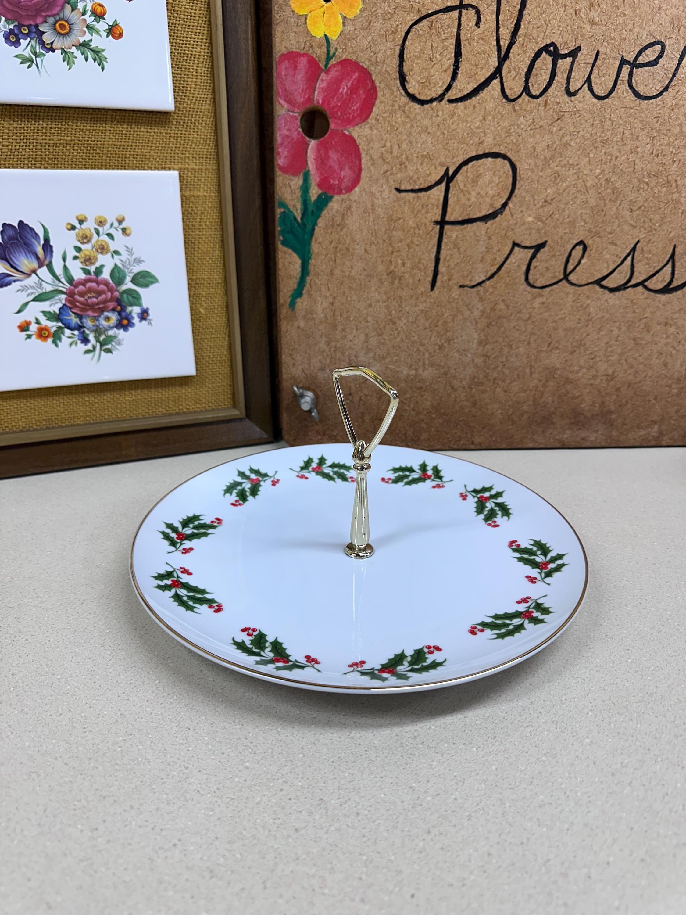 Vintage Christmas 1 Tier Serving Tray Platter Holly Berries Gold Japan