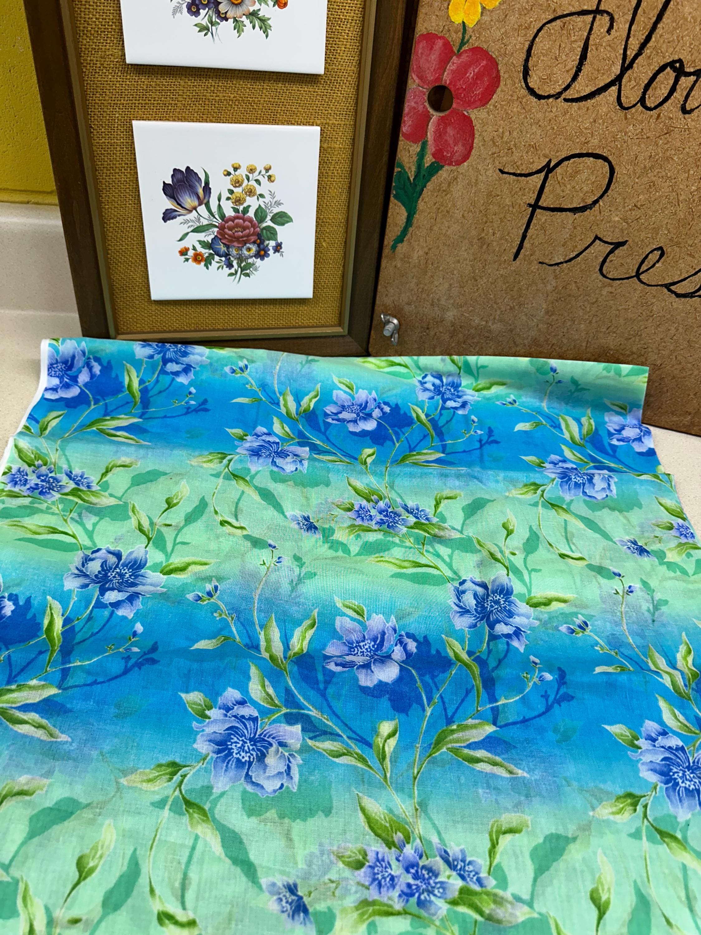 Vintage Floral Fabric: Semi Sheer Green & Blue Textiles