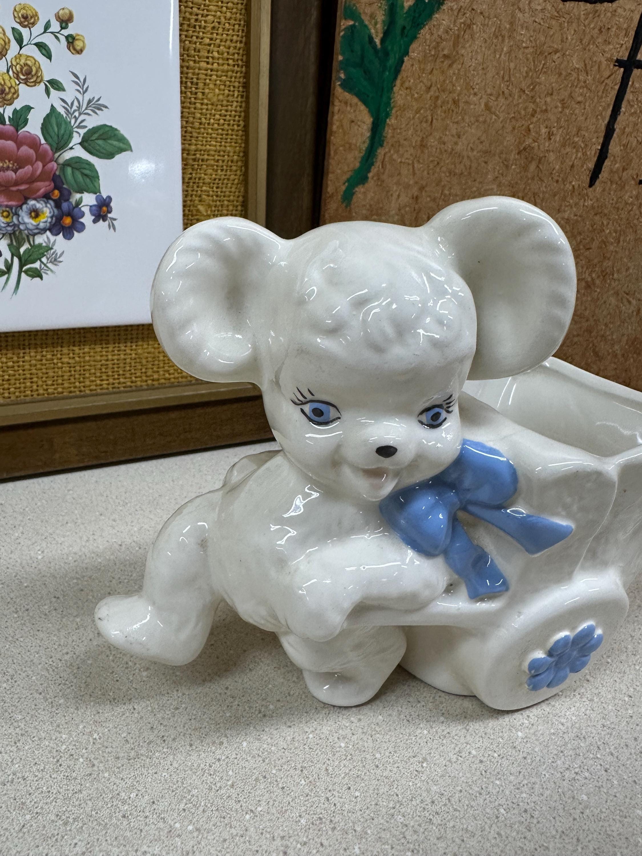 Vintage Blue Bear Pottery Planter: USA Wheelbarrow Plant Vessel