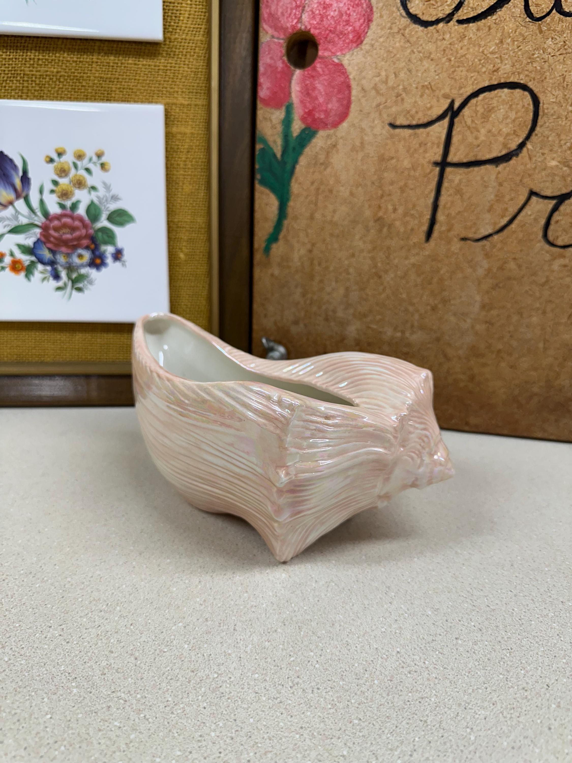 Vintage Seashell Planter: Large Pink Shell Dish, Ocean Decor