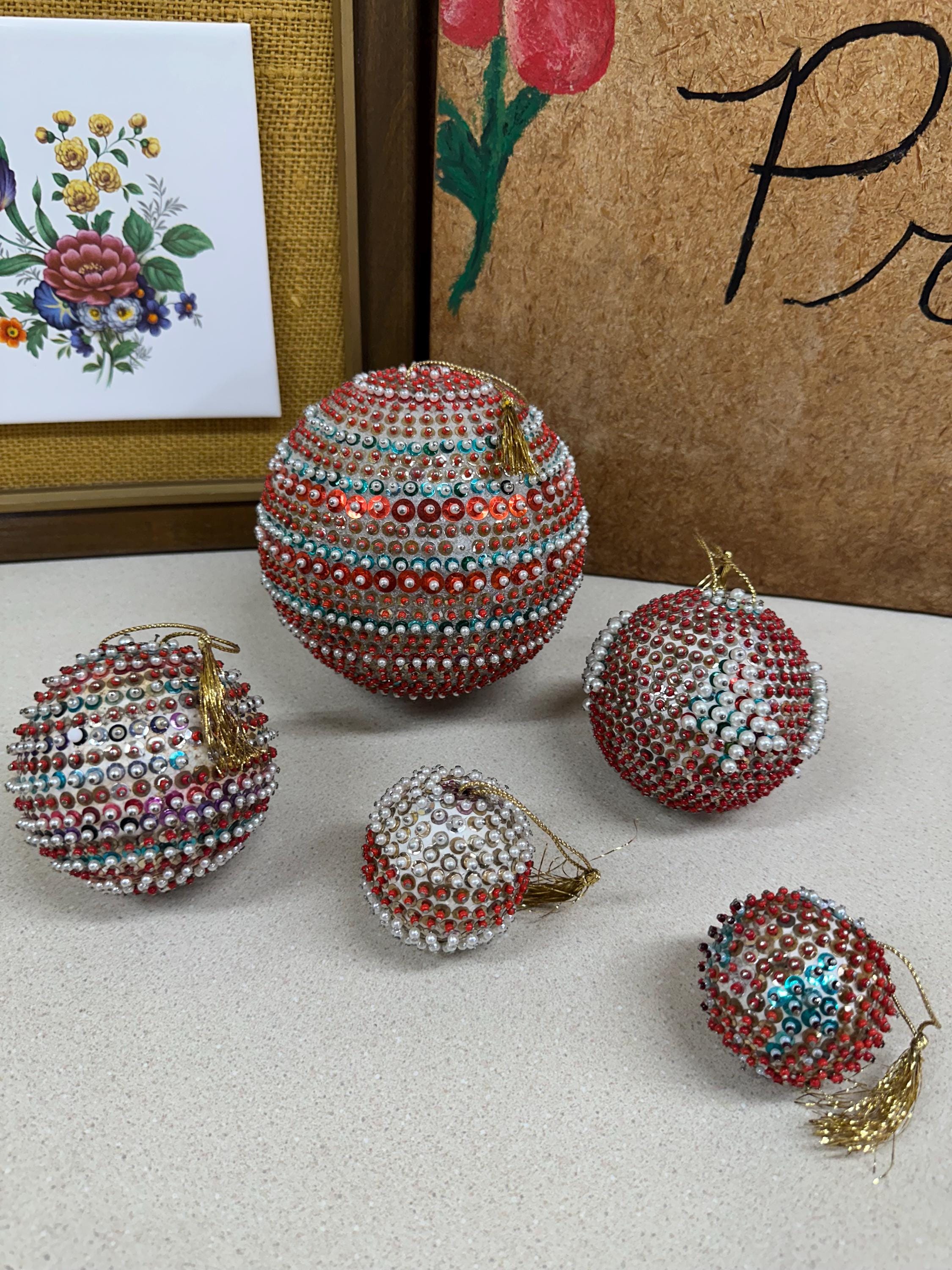 Vintage Christmas Ornaments: Push Pin, Beads & Sequins - Set of 5