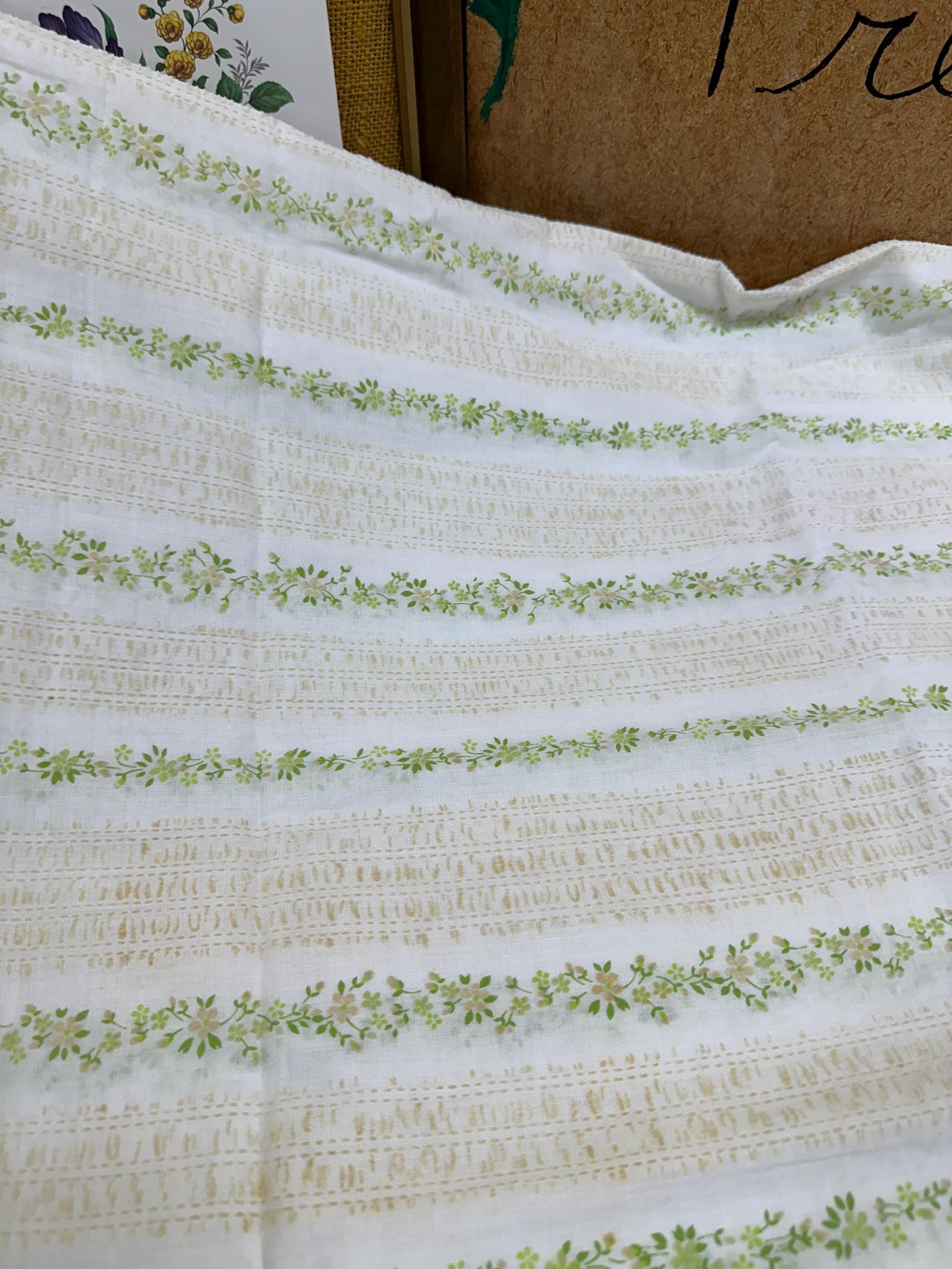 Vintage Floral Fabric: White & Green Textured Textile (86x44 inches