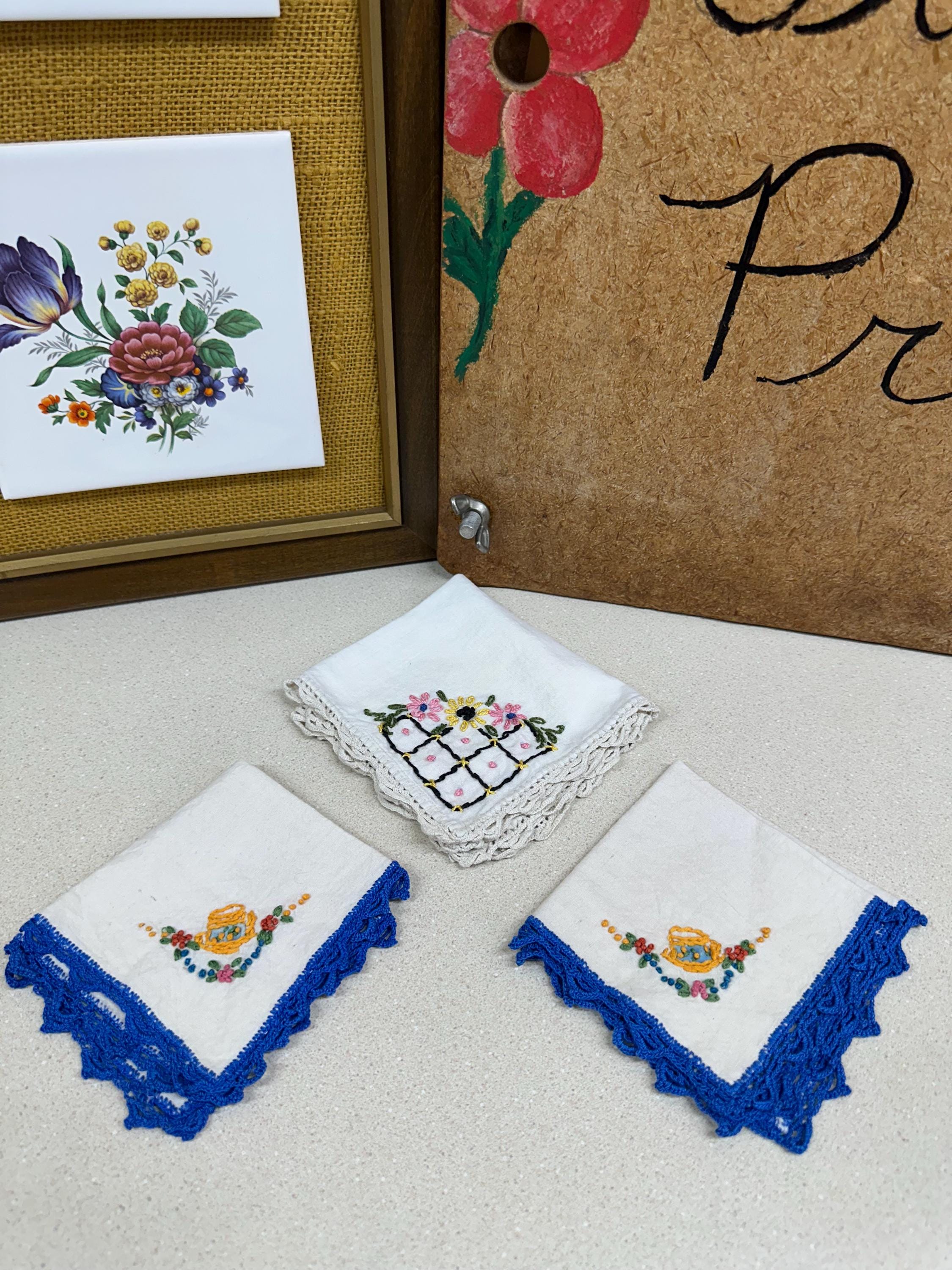 Embroidered Vintage Hankies Set of 3: Linen Table Decor