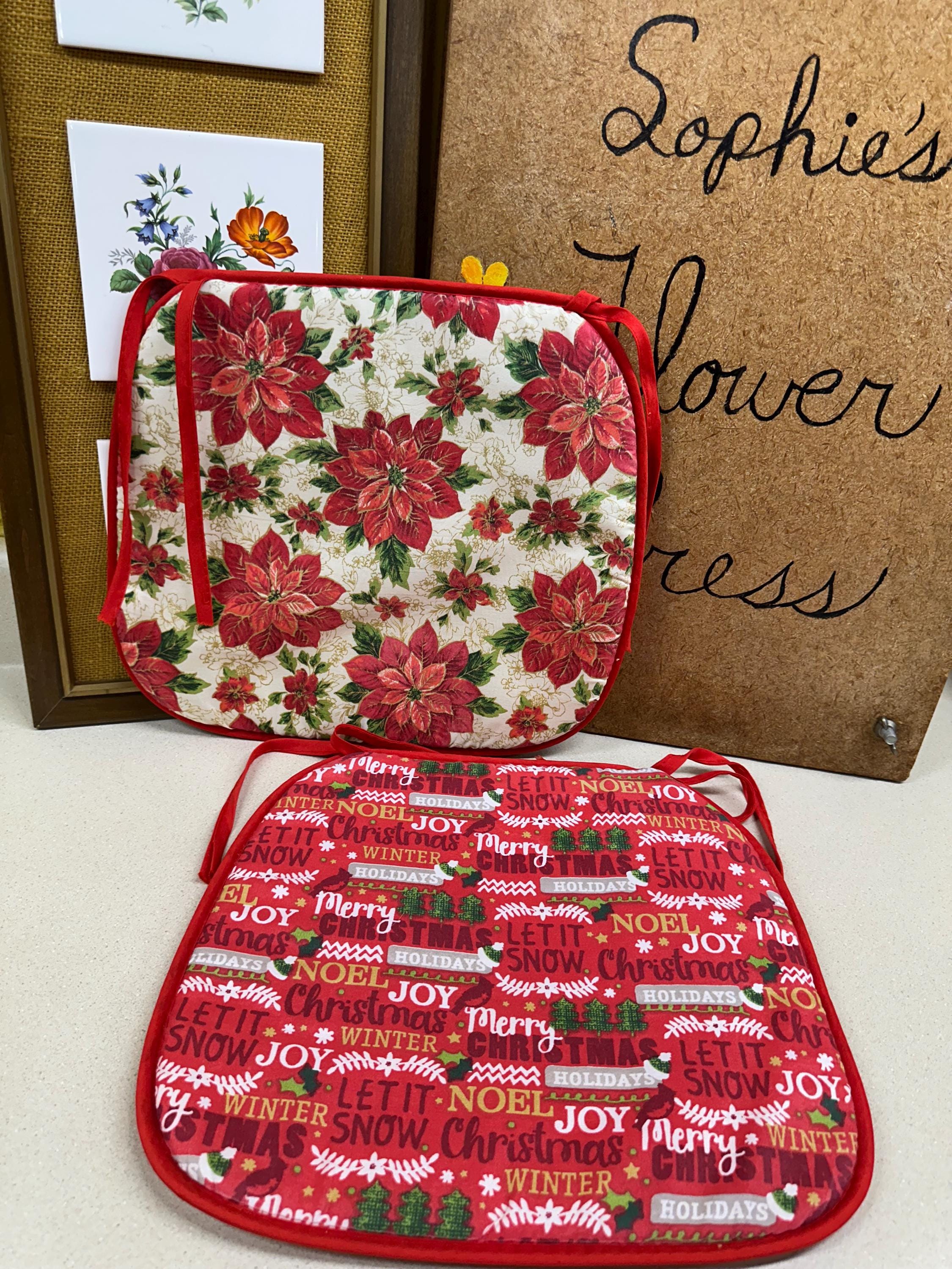 Vintage Seat Cushions Seat Pads Chair Covers Christmas Holiday Decor Poinsettia Set of 2